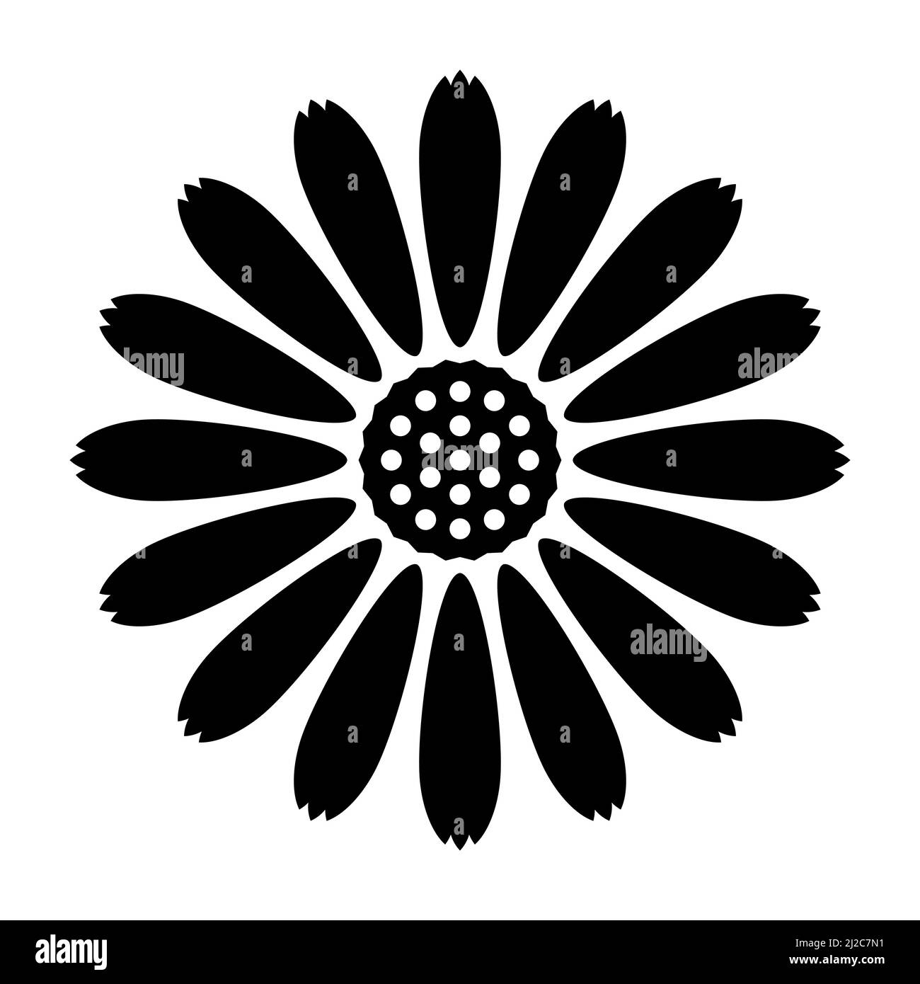 Forme camomille abstraite. Imprimé fleurs de camomille noir. Fleur noire avec centre et pétales vue de dessus. Illustration vectorielle pour logo, icône, décoration, W Illustration de Vecteur