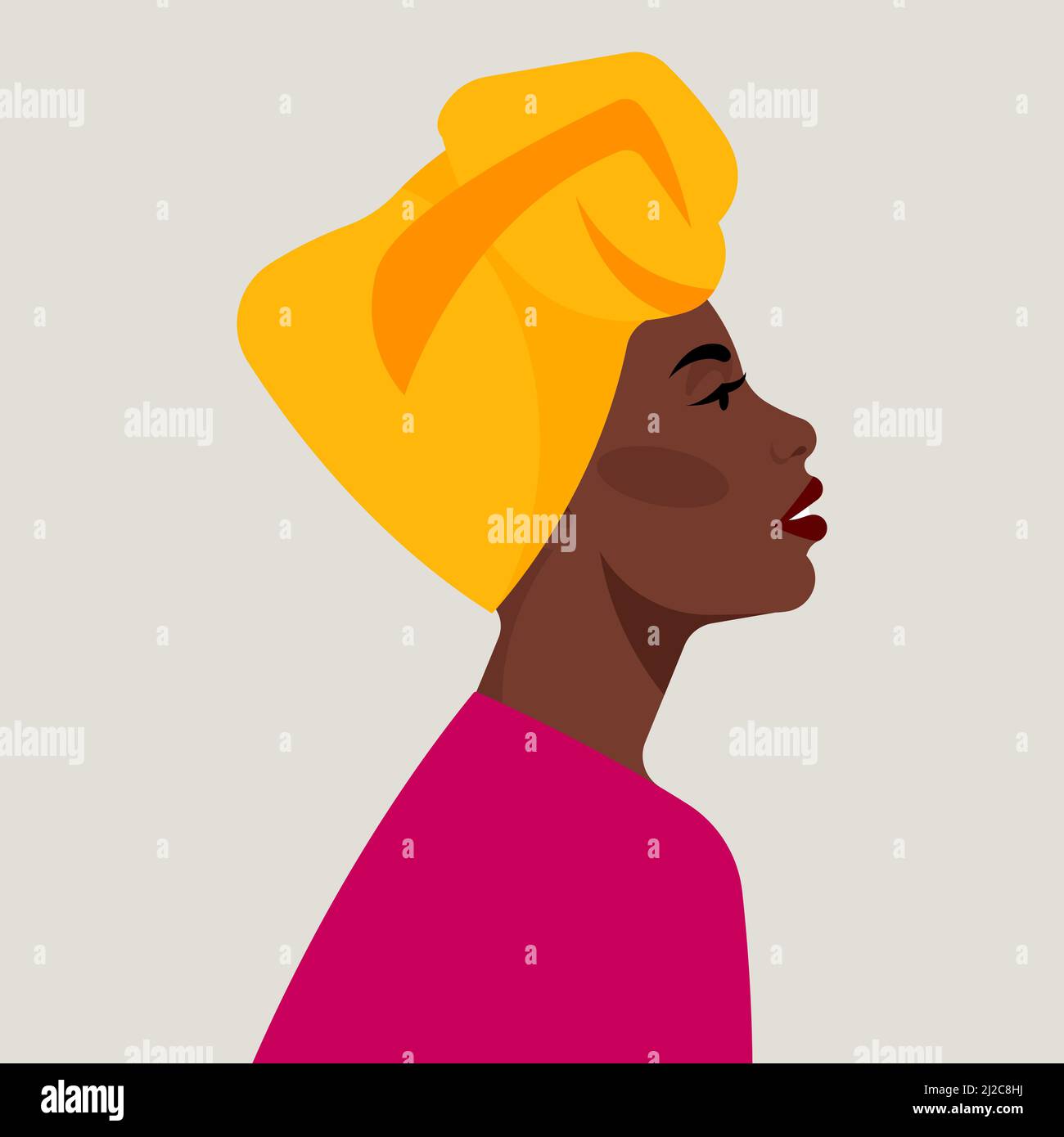 Portrait d'une femme noire dans un haut turban africain. Turban jaune enveloppé sur la tête. Portrait féminin, tête et épaules, vue latérale. Moderne et moderne Illustration de Vecteur