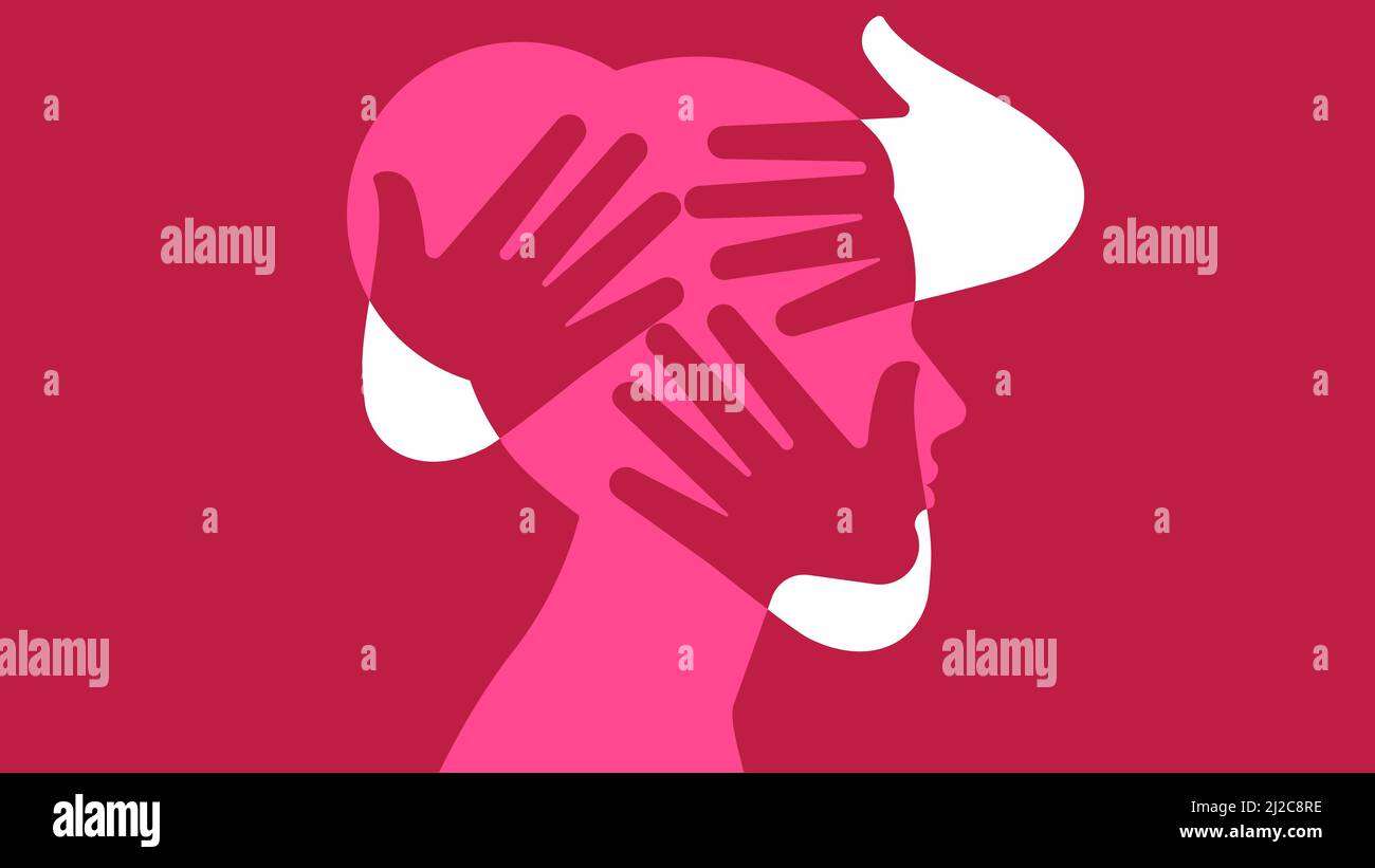 Concept de violence domestique - silhouette de la tête d'une femme et d'un geste d'autres mains. Illustration vectorielle sur fond blanc. Illustration de Vecteur