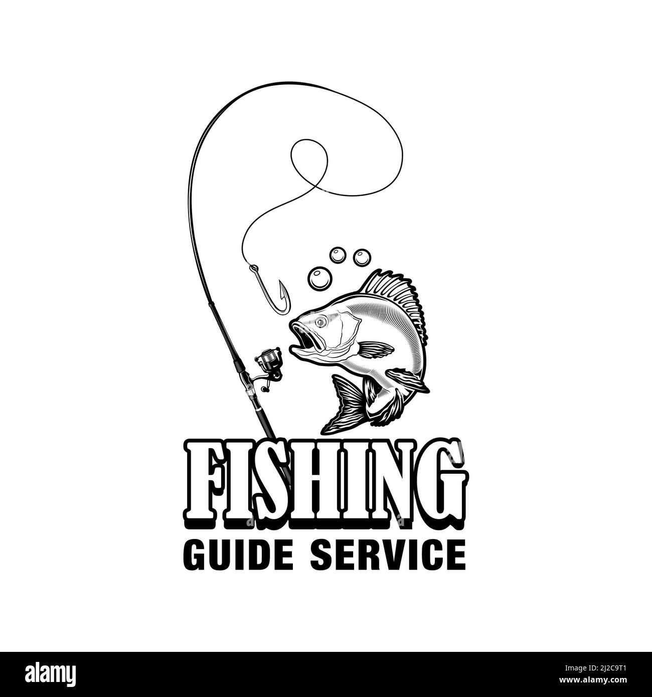 Illustration vectorielle de l'étiquette de service du guide de pêche. Pêchez, attaquez, accrochez et texte. Concept de pêche ou de sport pour le club ou la communauté emblèmes et badges templa Illustration de Vecteur