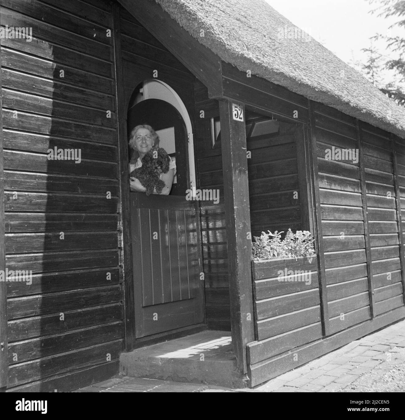 SEPHA van Beinum-Janssen, l'épouse du chef Eduard van Beinum, avec le coolé David dans ses bras, regarde à travers la porte semi-ouverte de leur maison de campagne à Garderen ca: 5 juin 1954 Banque D'Images