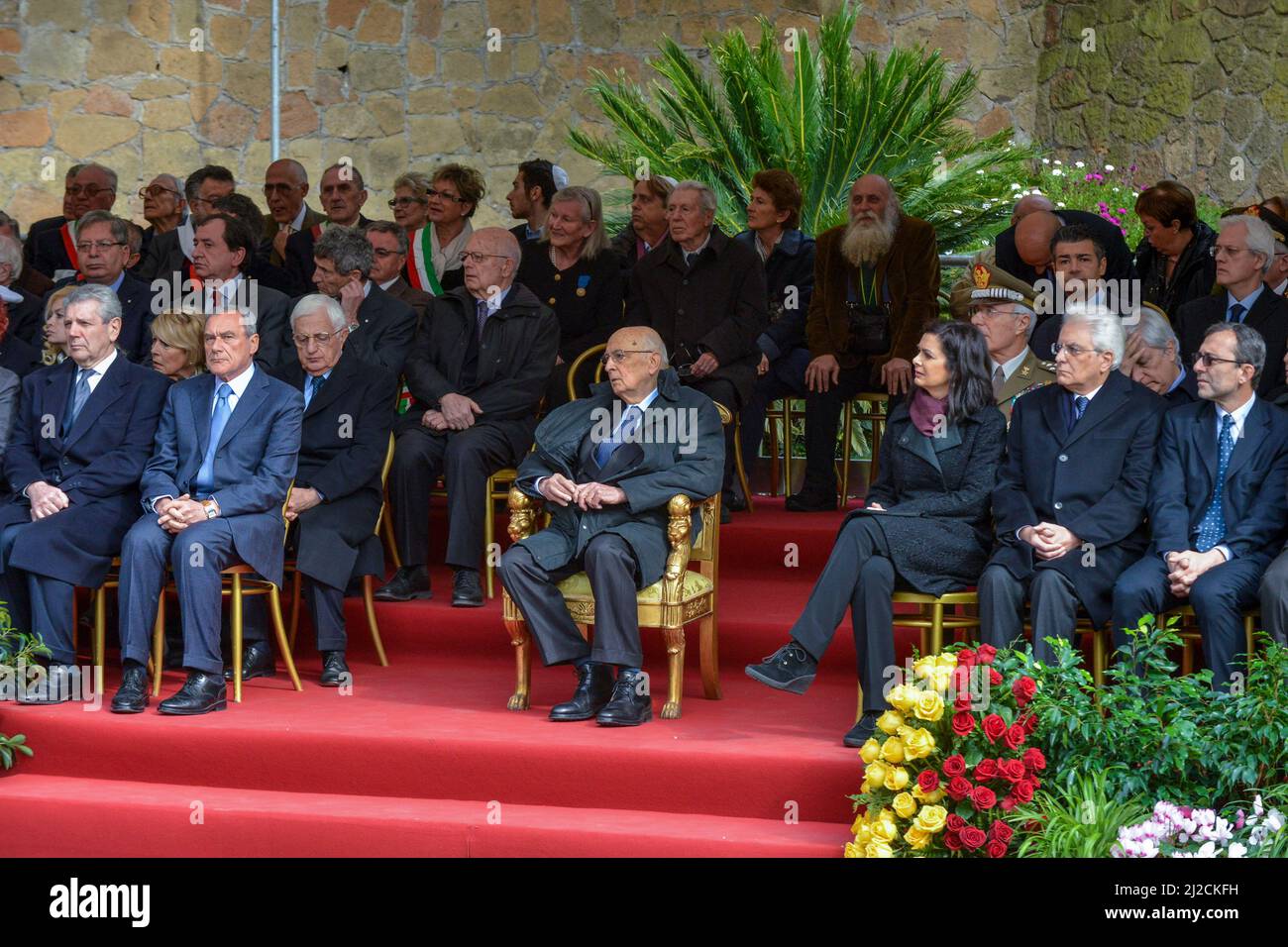 Rome, Italie 24/03/2013: Commémoration en mémoire du massacre de la Fosse Ardeatine. Le président Giorgio Napolitano et les présidents de la Chambre et du Sénat Laura Boldrini et Pietro Grasso. ©Andrea Sabbadini Banque D'Images