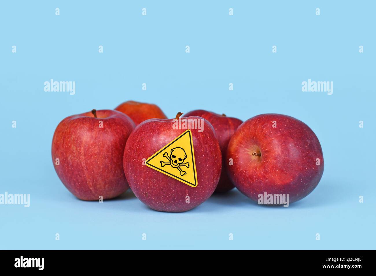 Pommes rouges avec étiquette du symbole du crâne de poison sur fond bleu. Notion de résidus de pesticides dans les aliments agricoles Banque D'Images