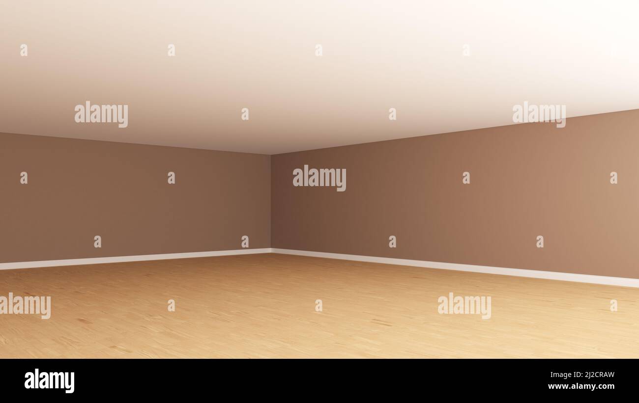 Coin intérieur vide avec murs en stuc brun, plafond blanc, parquet clair et un Plinth blanc. Chambre vide non meublée. Vue en perspective. 3D illustration, Ultra HD 8K 7680x4320, 300 dpi Banque D'Images