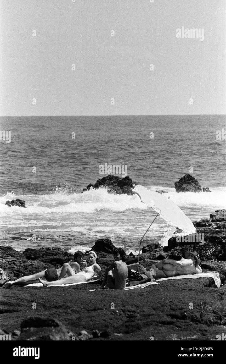 Vues générales sur l'île de Terceira, dans l'archipel des Açores, Atlantique Nord, 21st juillet 1986., bains de soleil sur les roches volcaniques. Banque D'Images