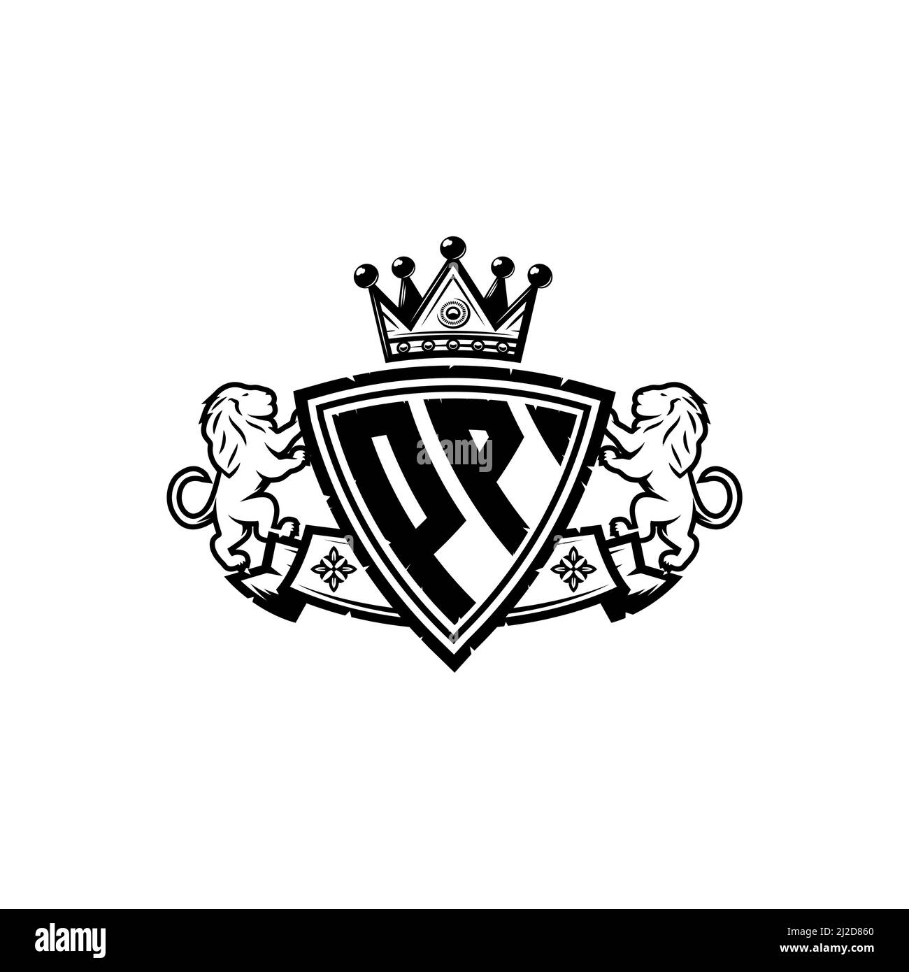 Lettre du logo monogramme en PP avec motif de couronne de bouclier simple. Monogramme de luxe, logo de luxe lion, Illustration de Vecteur