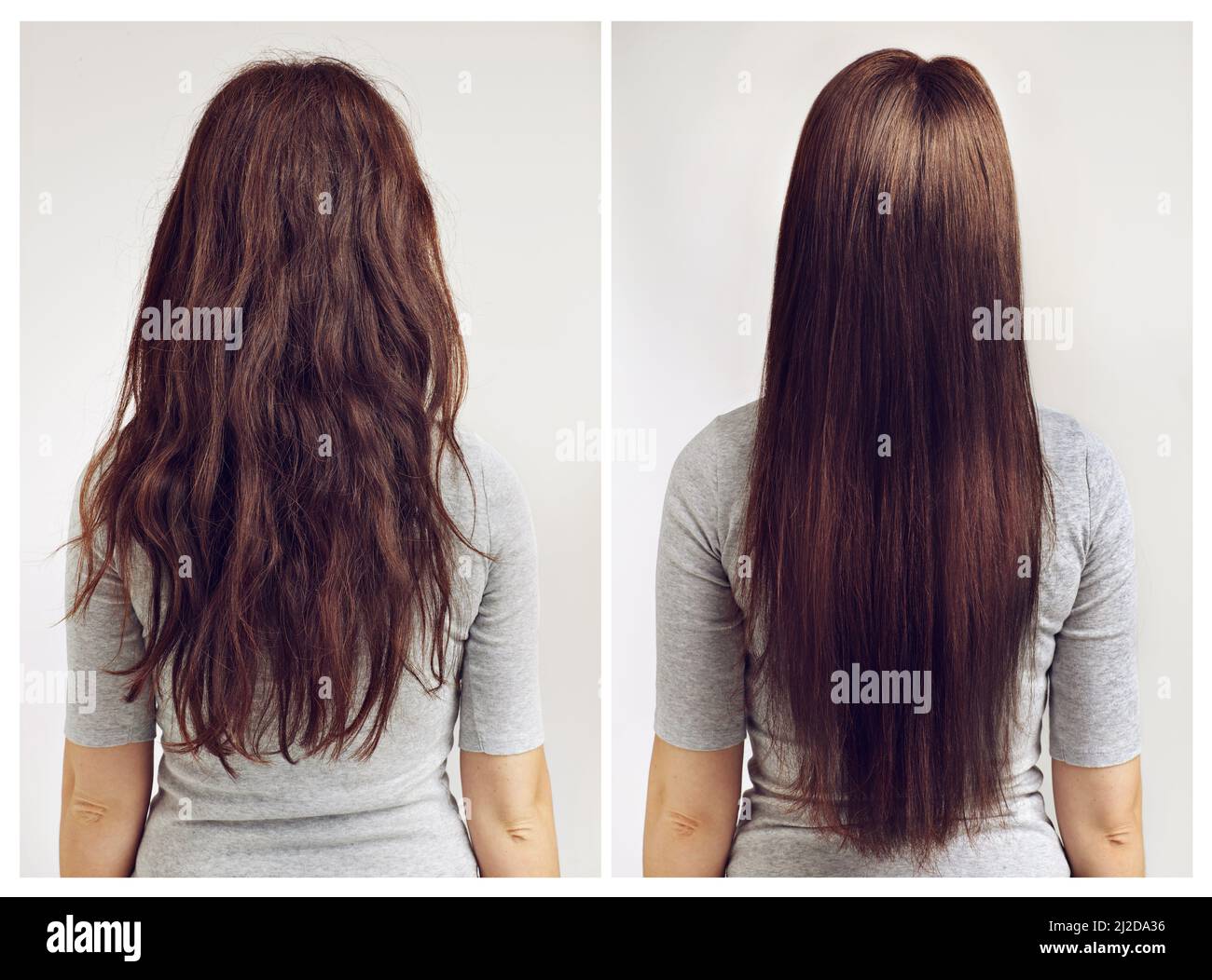 Droit ou bouclés. Avant et après la prise de vue d'une femme avec des cheveux bouclés et droits. Banque D'Images