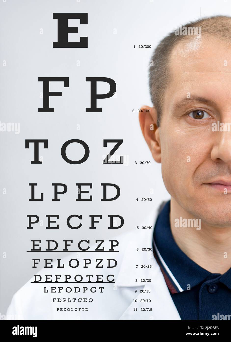Portrait d'un ophtalmologiste avec un tableau de lettres multi-exposition pour vérifier la clarté de la vision. Banque D'Images
