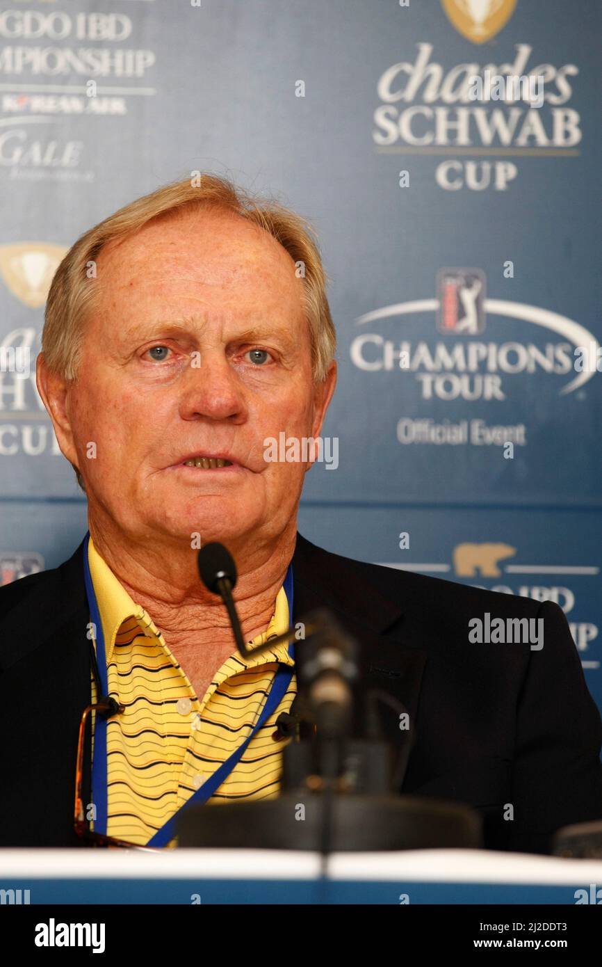 16 sept. 2011-Incheon, Corée du Sud-Jack Nicklaus, concepteur de parcours de golf, parlant du niveau de difficulté du jeu pendant le championnat PGA Tour Songdo IBD à Incheon, à l'ouest de Séoul, le 16 sept. 2011, Corée du Sud. Banque D'Images