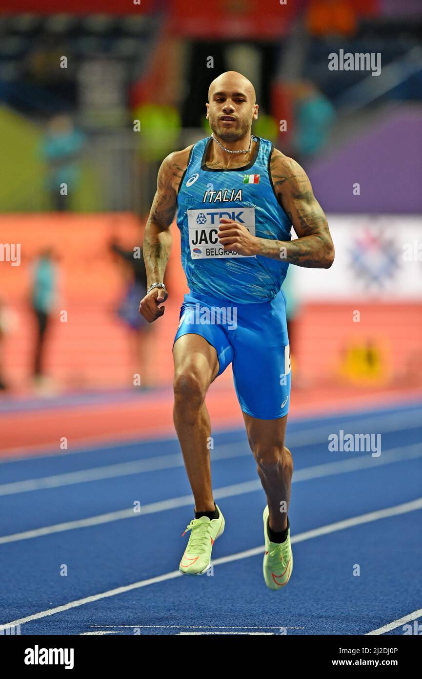 Belgrade, Serbie. 19th mars 2022. Lamont Marcell Jacobs (ITA) remporte le 60m en 6,41 lors des Championnats du monde d'athlétisme en salle, samedi 19 mars 2022, à Belgrade, Serbie. (Jiro Mochizuki/image du sport) photo par crédit: Newscom/Alay Live News Banque D'Images