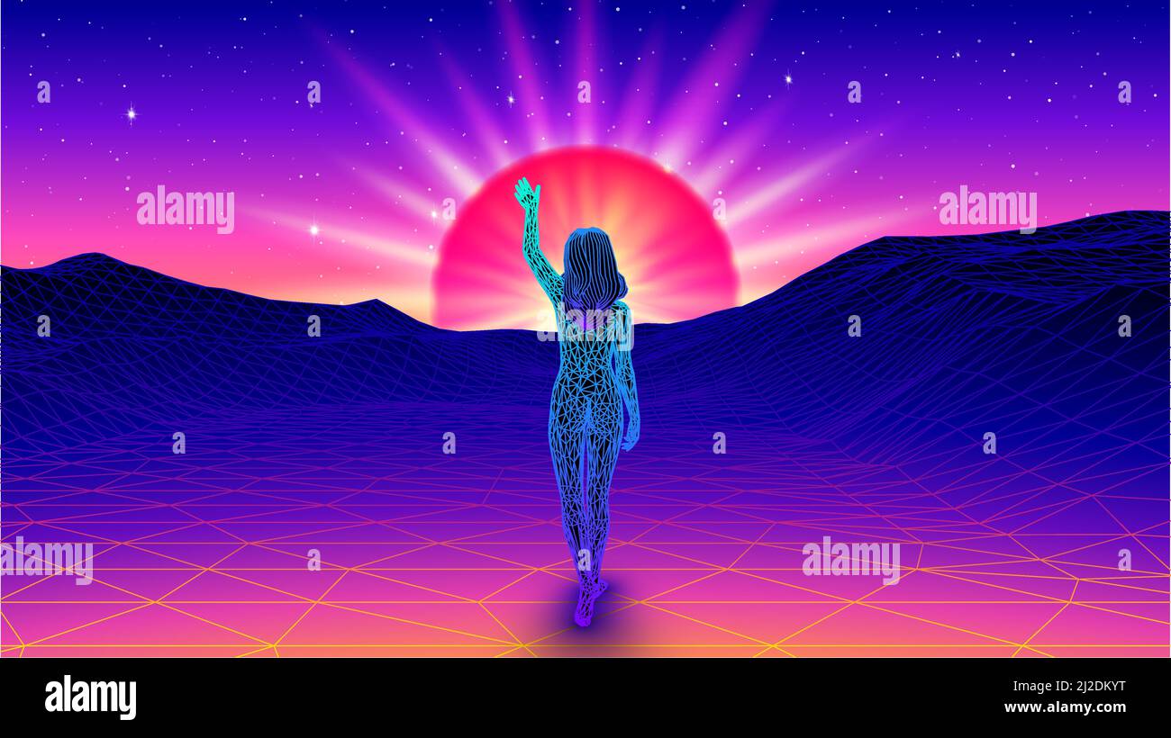 Femme se propageant les bras et accueillant le soleil dans un paysage futuriste de synthwave ou de vaporwave. 80s housse de jeu rétro avec human in digital world. Illustration de Vecteur