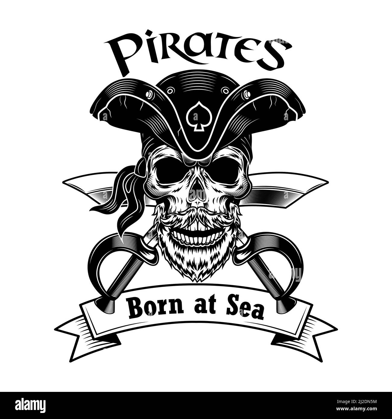 Illustration du vecteur capitaine pirate. Crâne en chapeau de pirate vintage avec sabres croisés et né à la mer texte. Aventure nautique ou chasse au Trésor Illustration de Vecteur