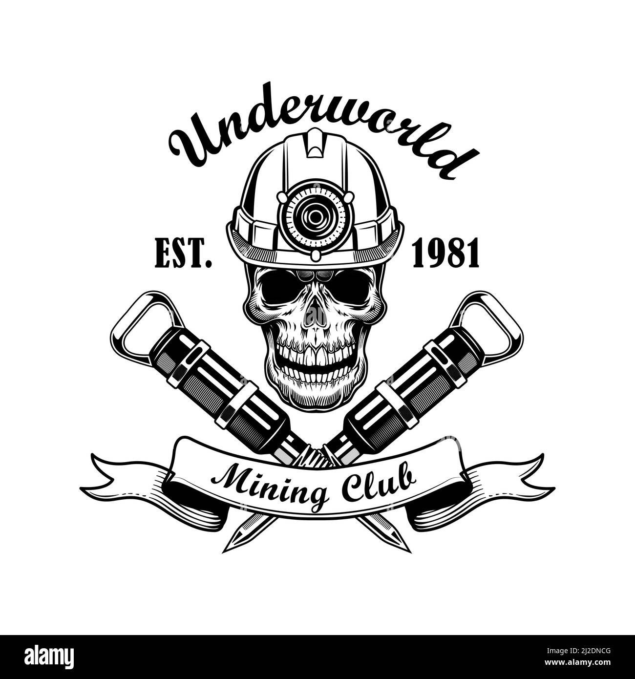 Illustration du vecteur du crâne du mineur de charbon. Tête de squelette dans un casque avec torche, picks de marteau croisé et texte. Concept d'outils d'extraction de charbon pour le système d'extraction de charbon Illustration de Vecteur