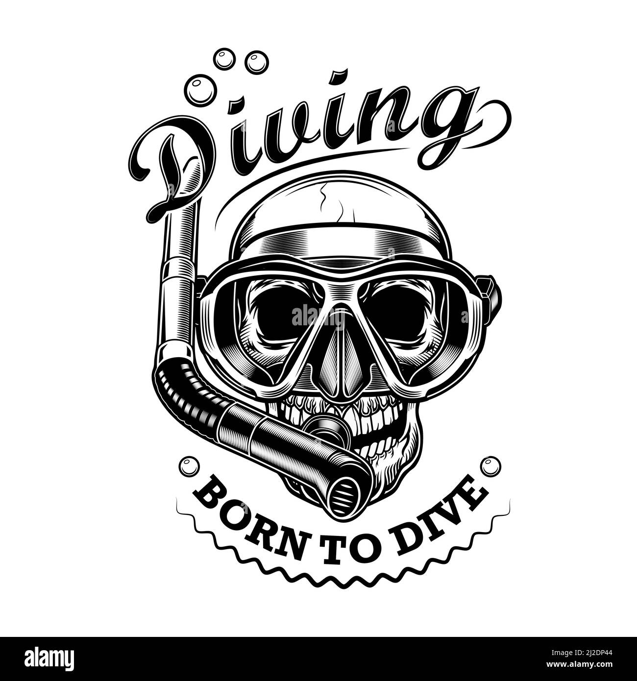 Illustration du vecteur crânien du ronfleur. Tête de squelette avec masque et tube, né au texte de plongée. Concept d'activité en bord de mer pour les emblèmes ou le label du club de plongée Illustration de Vecteur