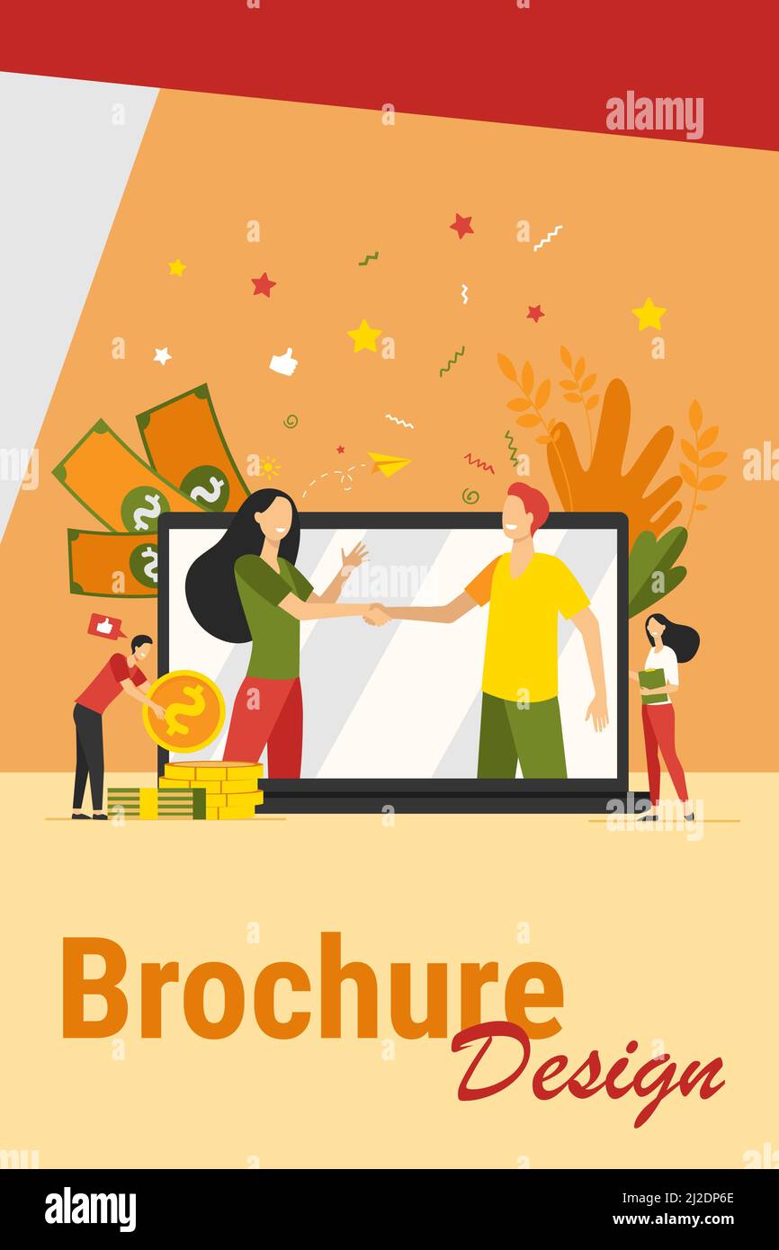 Deux partenaires commerciaux se sont associés dans une illustration vectorielle plate grand écran d'ordinateur portable. Personnages de dessin animé conclusion de l'accord en ligne. Partenariat, travail d'équipe Illustration de Vecteur