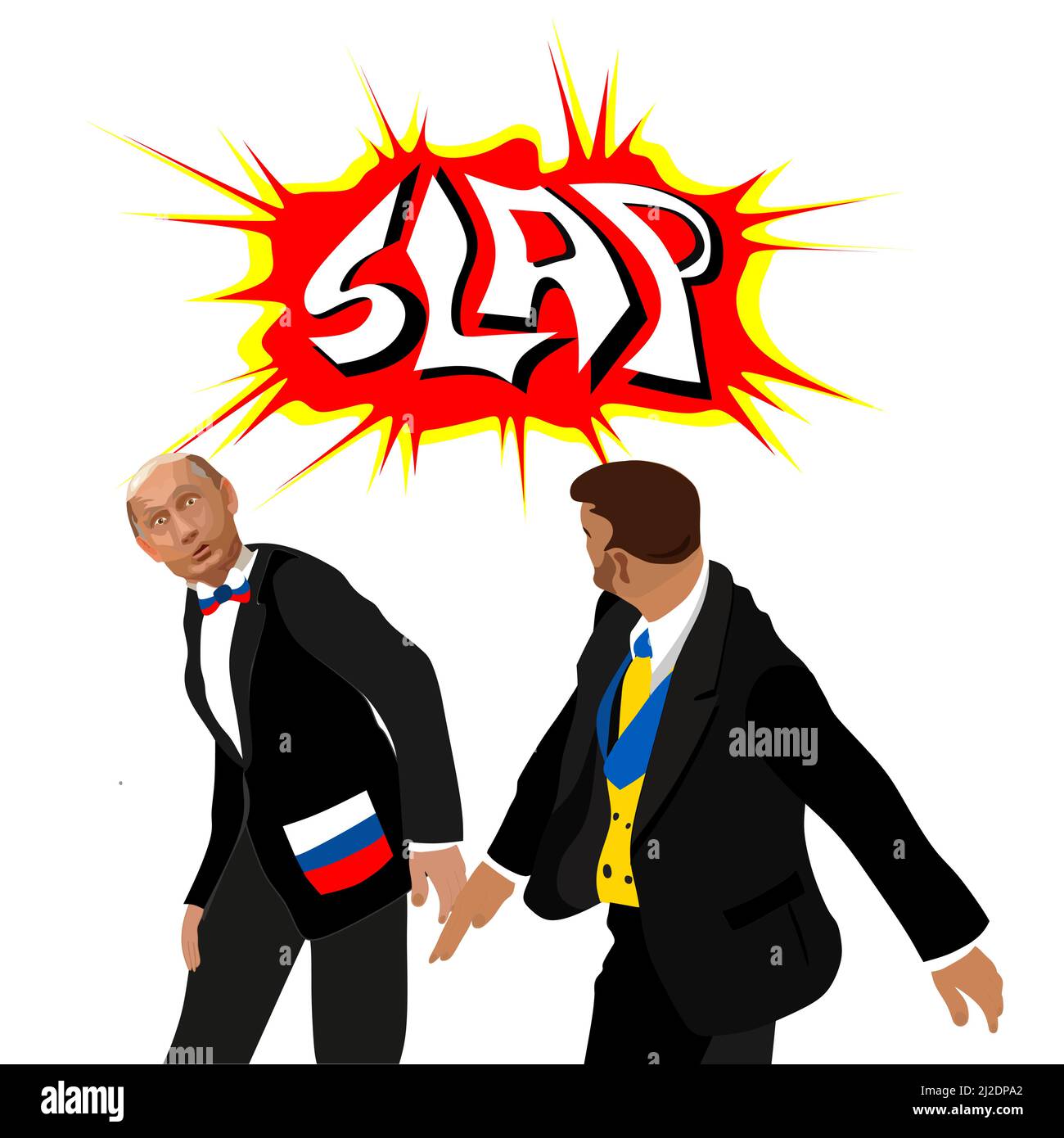 Le président ukrainien Zelensky lance un scalp sur le président russe Poutine avec un discours de Slap Comic une illustration isolée de style dessin animé par bulle. Présidents en costume Illustration de Vecteur