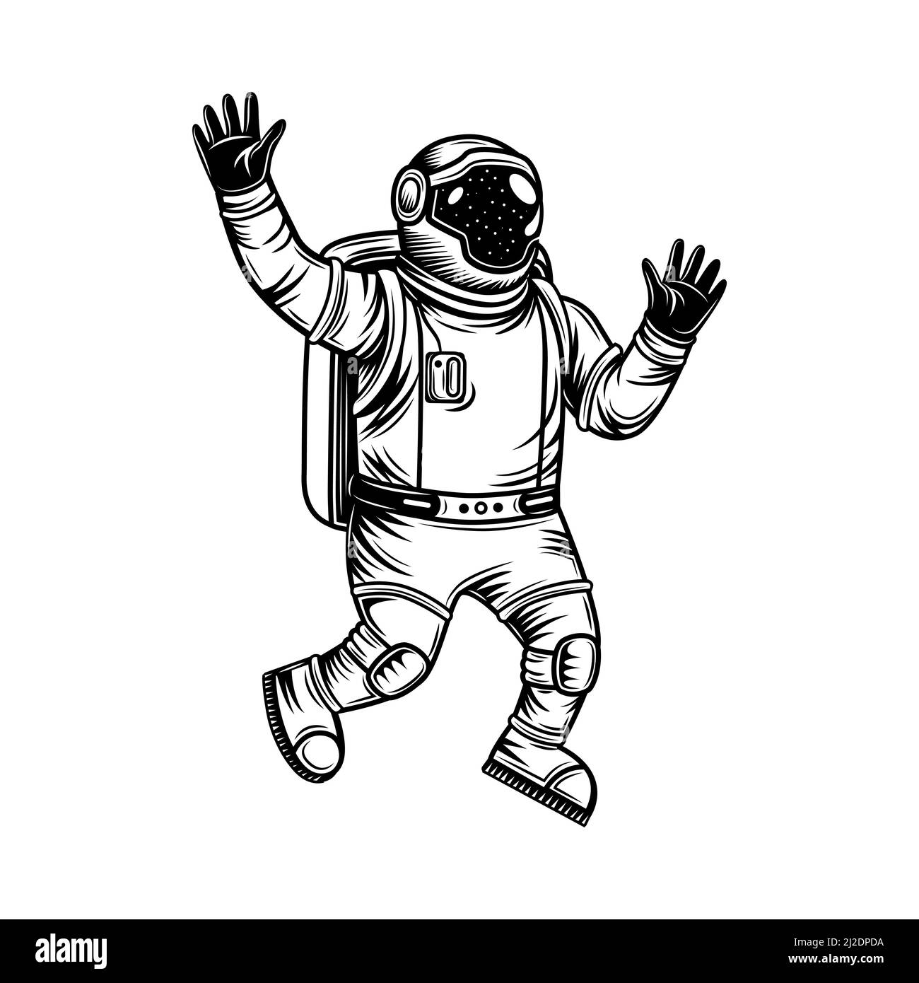 Illustration vectorielle d'un astronaute d'époque dans l'espace explorant l'univers. Cosmonaute monochrome dans un espace ouvert. Le concept d'exploration de Galaxy et de cosmos peut b Illustration de Vecteur