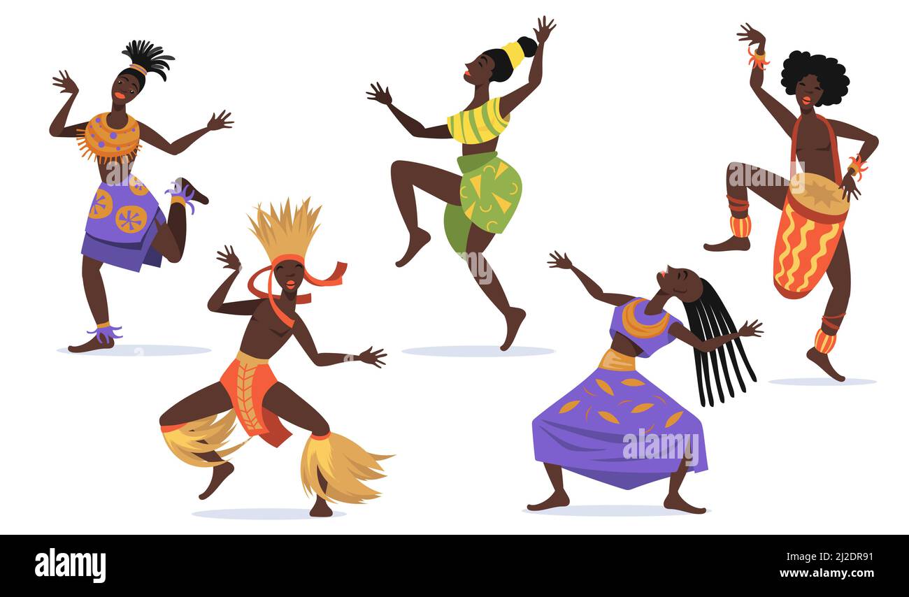 Ensemble de danseurs africains pour la création de sites Web. Caricature autochtone danse folk ou danse rituelle collection d'illustrations vectorielles isolées. Tribal Illustration de Vecteur