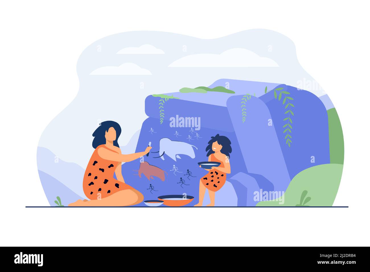 Ancienne femme et enfant peinture sur mur de pierre isolé illustration de vecteur plat. Caricature peuple préhistorique dessinant des animaux primitifs et des chasseurs. Rock Illustration de Vecteur