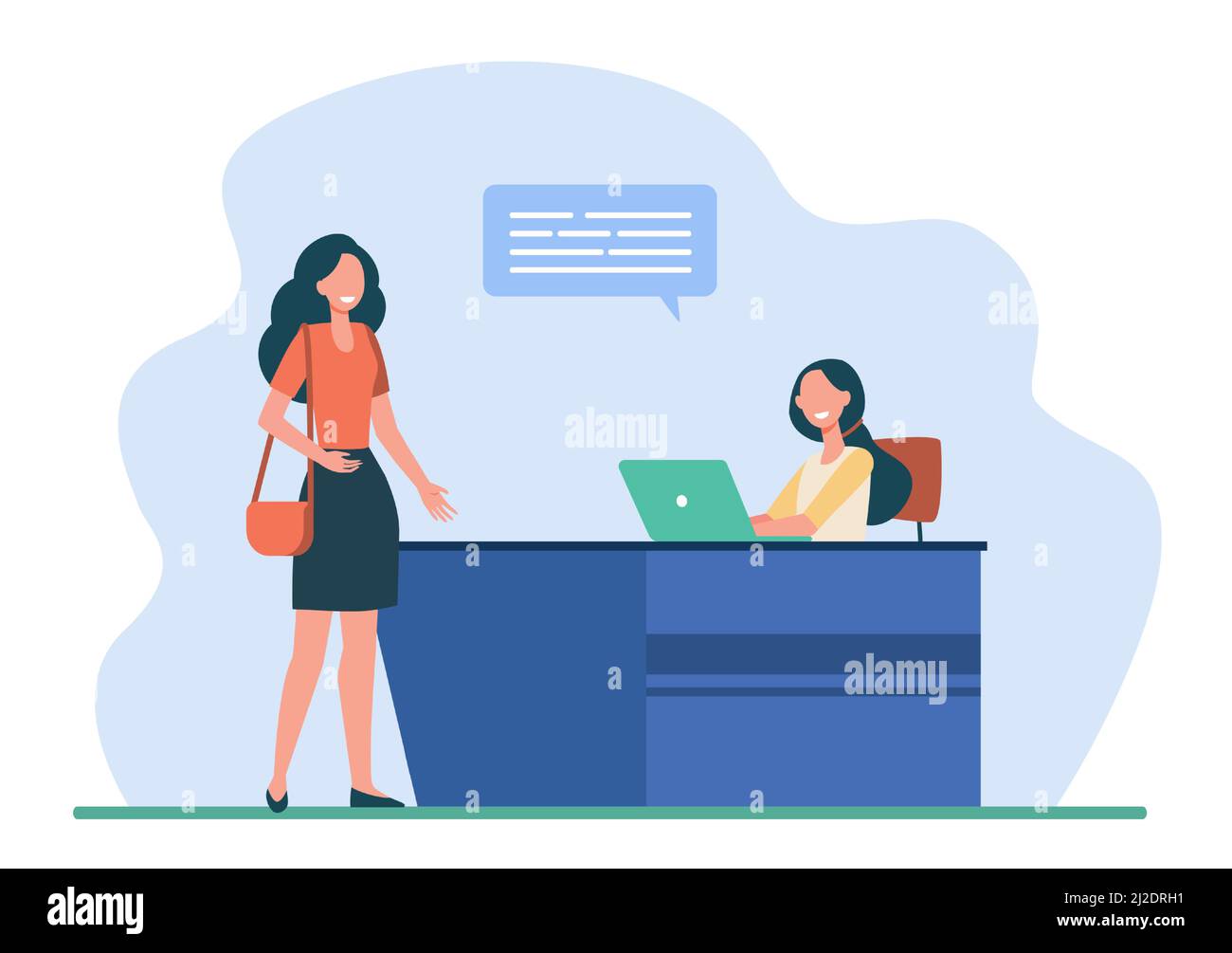 Une cliente ou un visiteur qui parle avec la réceptionniste. Bureau, bulle vocale, illustration vectorielle plate pour ordinateur portable. Concept de service et de communication pour la bannière Illustration de Vecteur