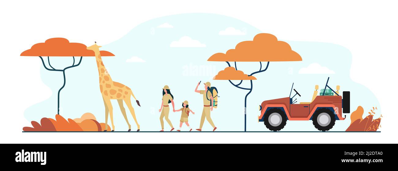 Touristes marchant dans la savane africaine. Personnages de dessins animés familiaux, jeep, girafe, paysage avec arbres. Illustration vectorielle pour voyage aventure, tour i Illustration de Vecteur