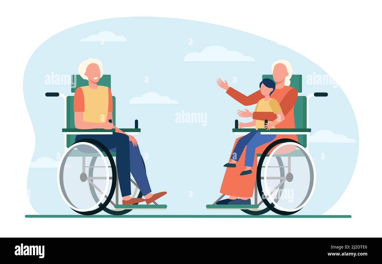 Les personnes âgées en fauteuil roulant tiennent un enfant et parlent. Illustration de la retraite, de l'enfant et du grand-parent à vecteur plat. Concept de génération et de communication pour ba Illustration de Vecteur