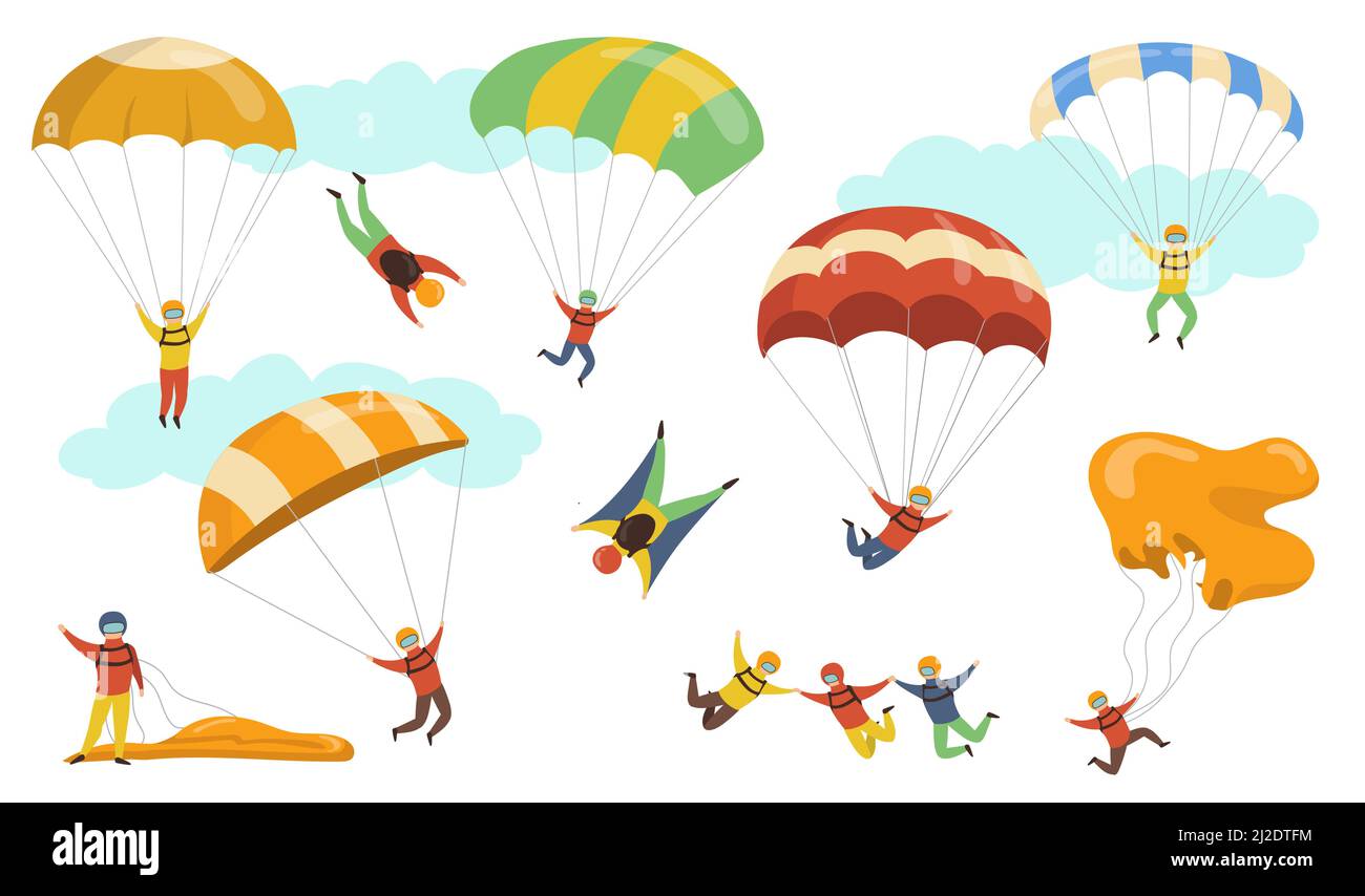 Jeu d'illustrations vectorielles parautilitaires. Des gens sur des casques et des masques volant avec des parachutes et des parapentes. Pour le parachutisme, le passe-temps danger, l'adrénaline, s Illustration de Vecteur