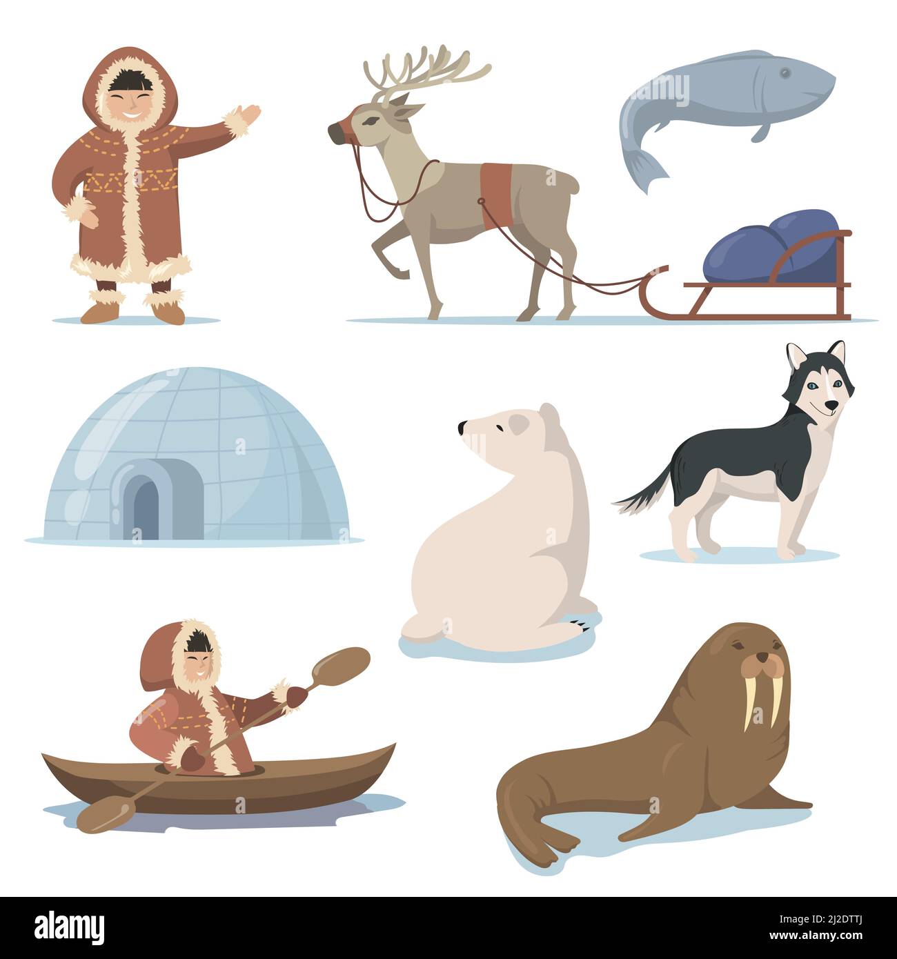 Alaska éléments et Happy Inuits ensemble plat pour la conception de sites Web. Caricature les personnages esquimaux dans les vêtements traditionnels et les animaux arctiques ont isolé le vecteur illustrateur Illustration de Vecteur