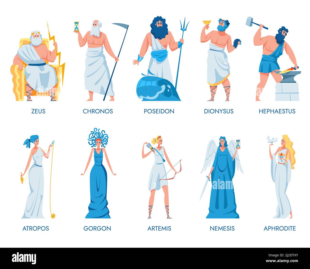 Ensemble de dieux et déesses grecs anciens. Zeus, Dionysos, Artemis, Hephaestus, Chronos, Atropos, Gorgon, Nemesis, Aphrodite, Poséidon. Illustration vectorielle Illustration de Vecteur