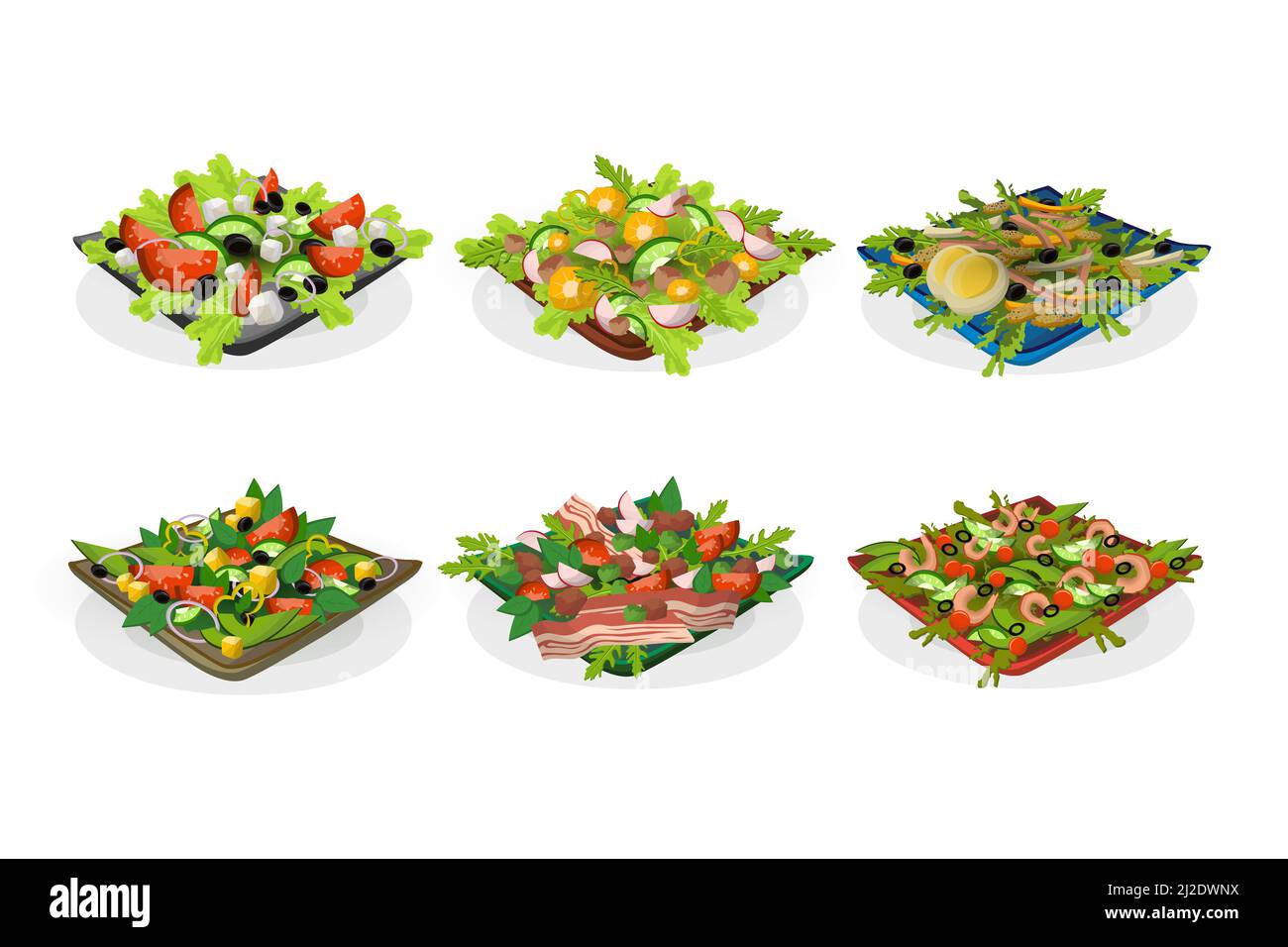 Ensemble de bols de salades. Mélange de légumes verts frais, fromage, bacon, viande, fruits de mer, œufs. Illustration vectorielle pour la cuisine, un déjeuner sain, un apéritif Illustration de Vecteur