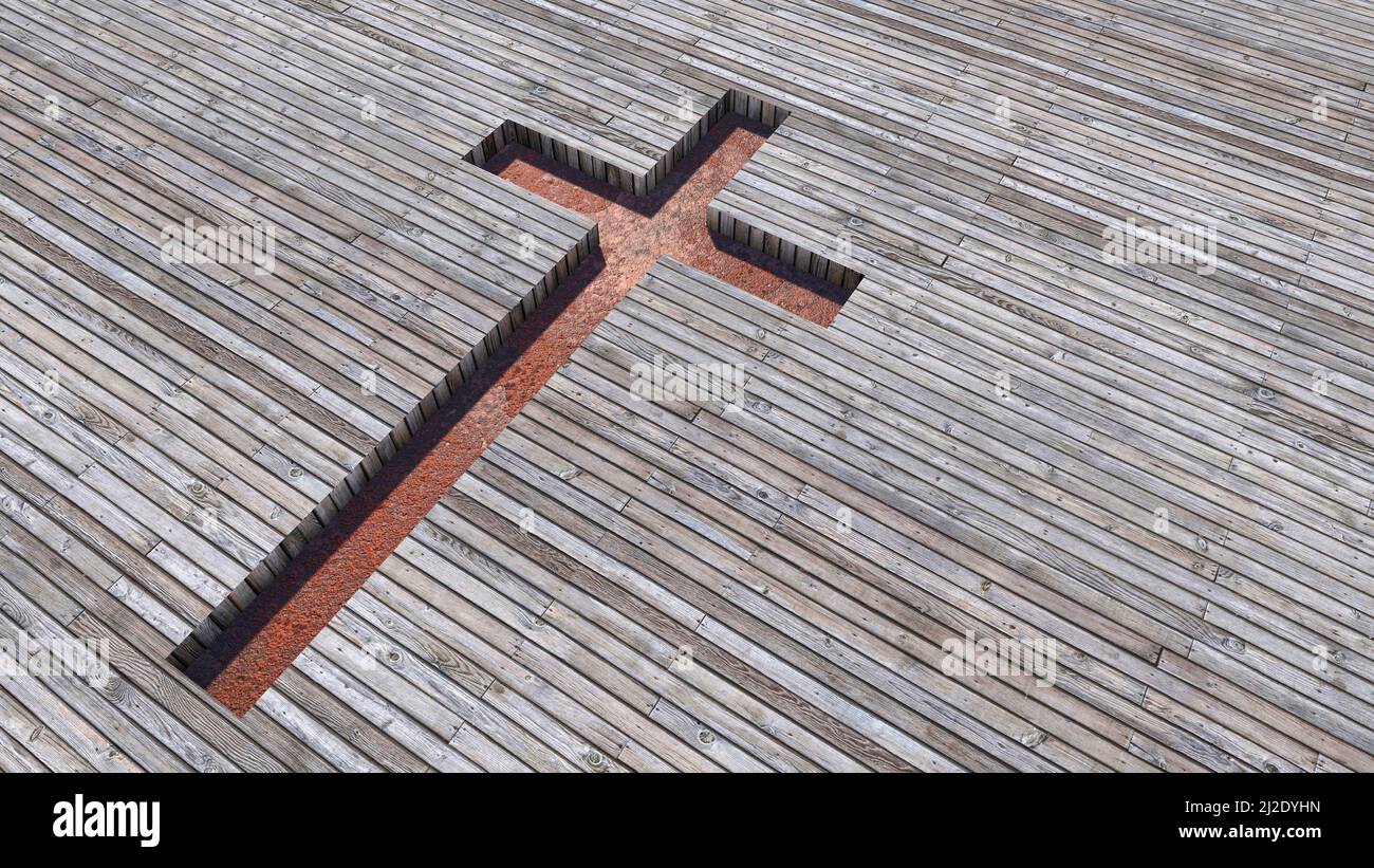Concept ou concept de croix de métal rouillé sur un fond de bois naturel ou de logg en bois. 3D métaphore de l'illustration pour Dieu, Christ, religieux, foi, Saint Banque D'Images