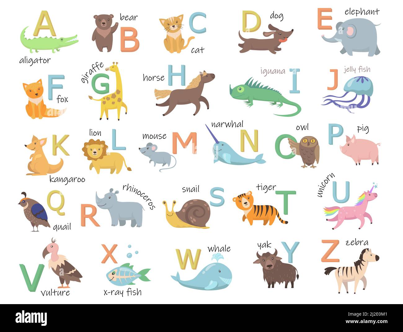 Alphabet de zoo coloré avec adorable animaux ensemble d'illustrations plates. Des lettres de dessin animé de A à Z pour les enfants ont isolé la collection d'illustrations vectorielles. Pression Illustration de Vecteur