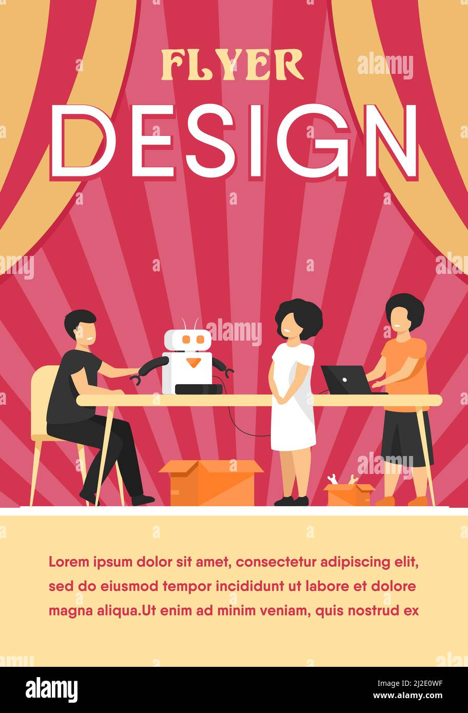 Enfants présentant le cyborg en classe robotique. Enfants montrant le robot à l'enseignant. Illustration vectorielle pour l'éducation, la technologie robotique, projet scolaire Illustration de Vecteur