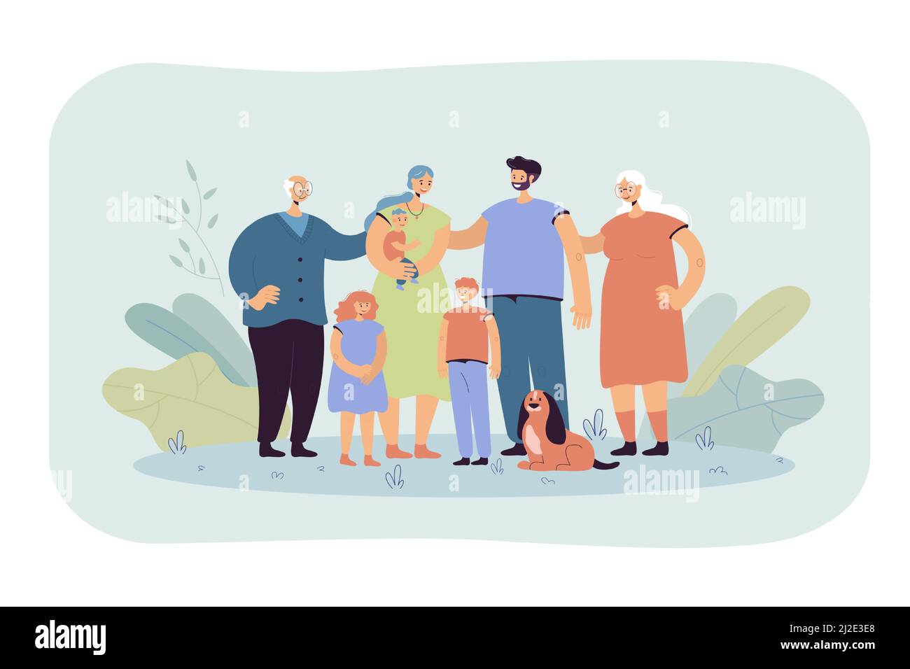 Bonne famille debout ensemble et illustration de vecteur plat souriant. Dessin animé père, mère, grand-mère, grand-père, enfants et chien. Amour et Illustration de Vecteur