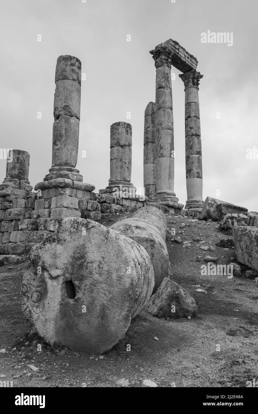 Noir et blanc, Temple d'Hercules, Citadelle d'Amman, Jordanie Banque D'Images