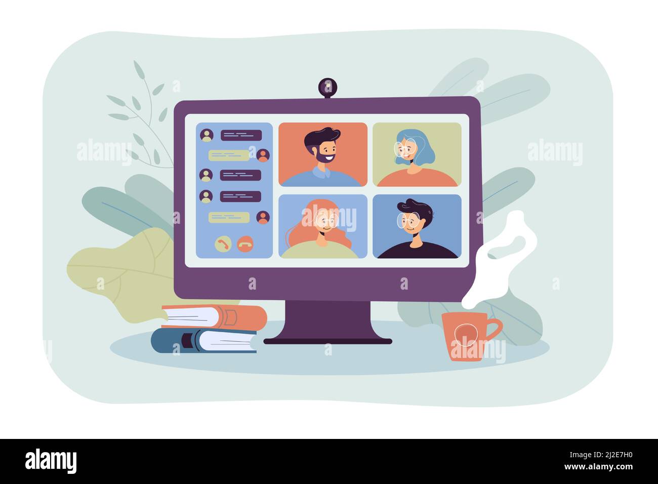 Des personnes se réunissent en ligne via une illustration vectorielle plate de visioconférence. Un groupe de collègues sur le chat collectif virtuel pendant le verrouillage. Videoconf Illustration de Vecteur