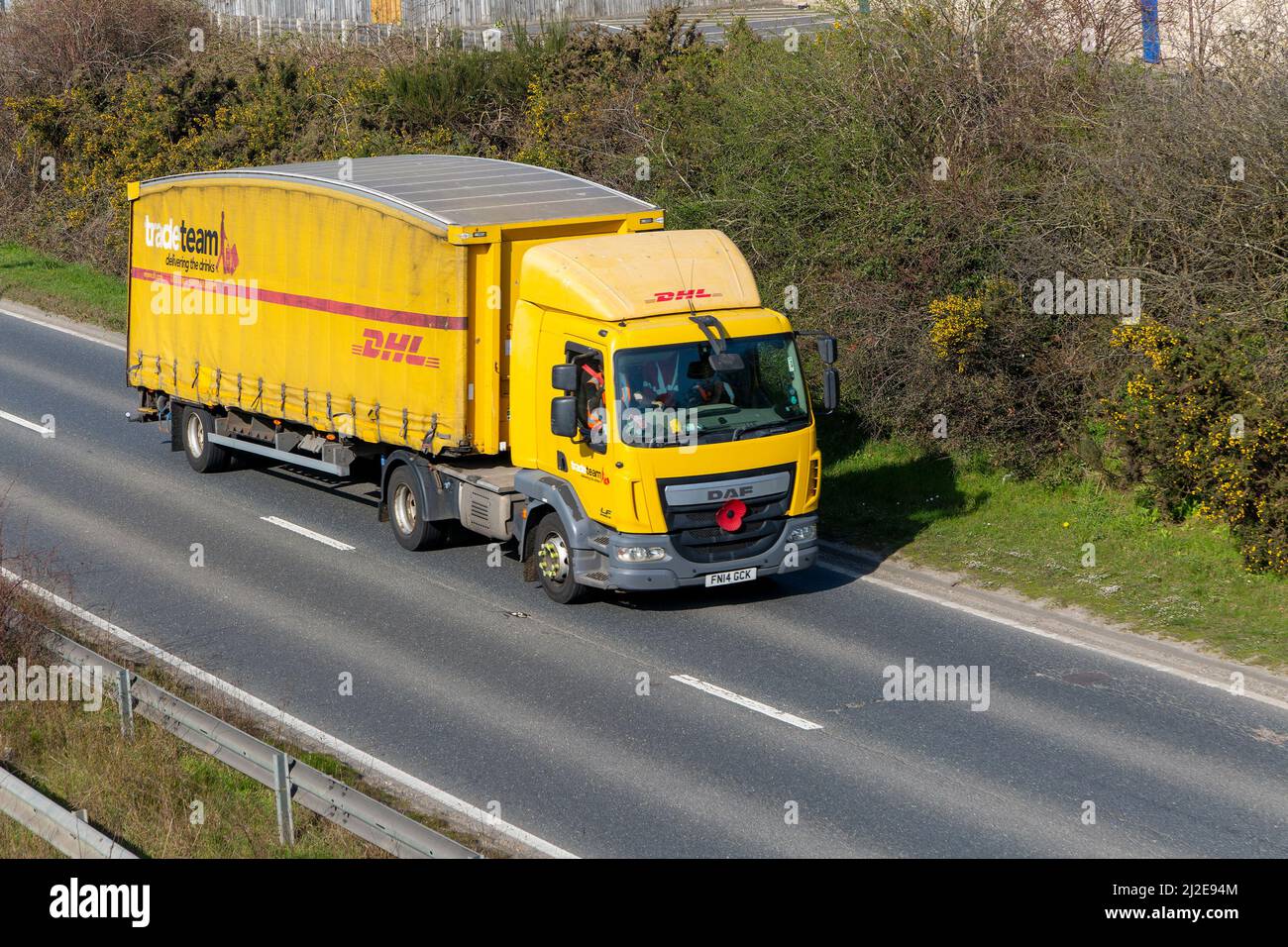 DAF DHL, véhicule lourd, A12, Suffolk, Angleterre, Royaume-Uni Banque D'Images DAF DHL, véhicule lourd, A12, Suffolk, Angleterre, Royaume-Uni Banque D'Images