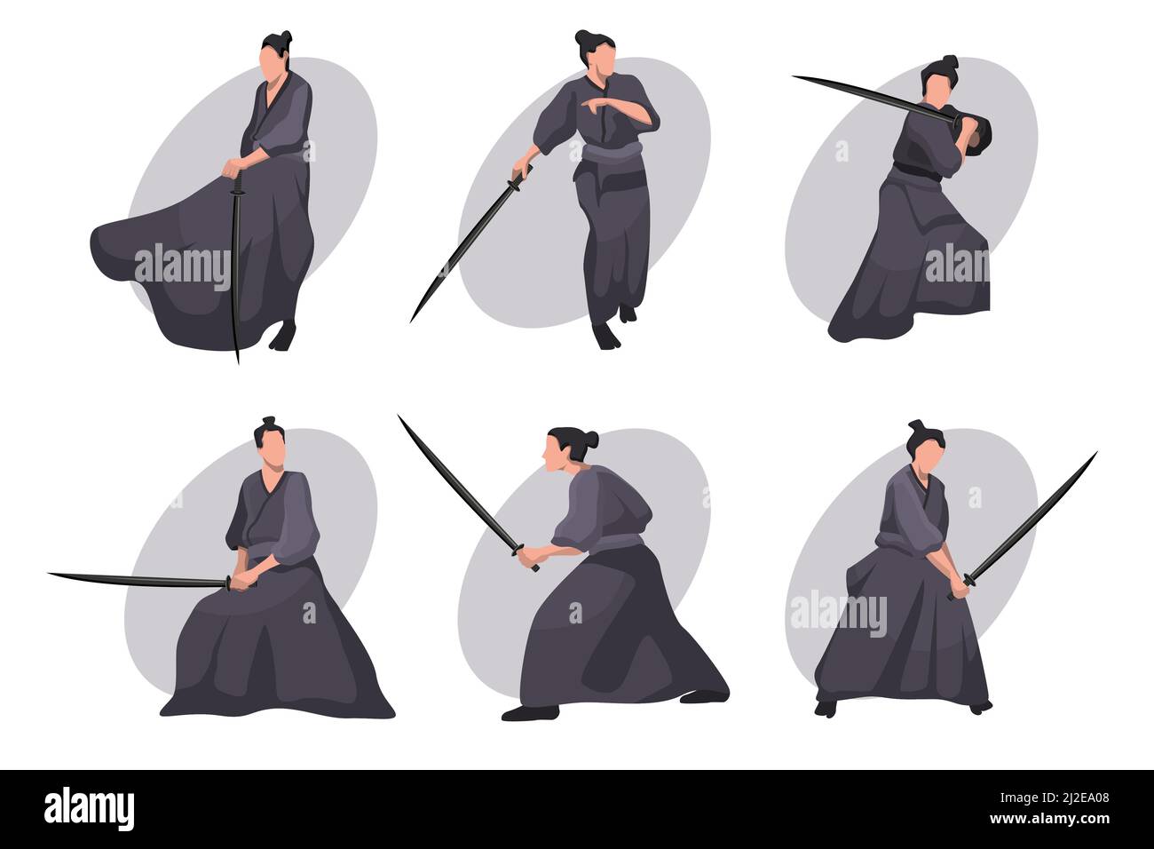 Jeu de caractères de dessin animé samouraï. Chevalier japonais, guerrier en kimono noir avec épée katana. Illustration vectorielle pour l'Asie, la culture, le concept de combat Illustration de Vecteur