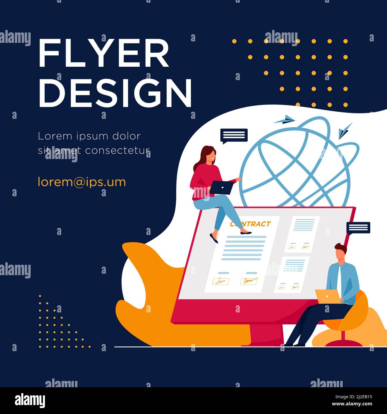 Partenaires signant le contrat en ligne. Personnes parlant à l'écran avec un document avec des signatures illustration vectorielle plate. Internet, concept commercial mondial Illustration de Vecteur