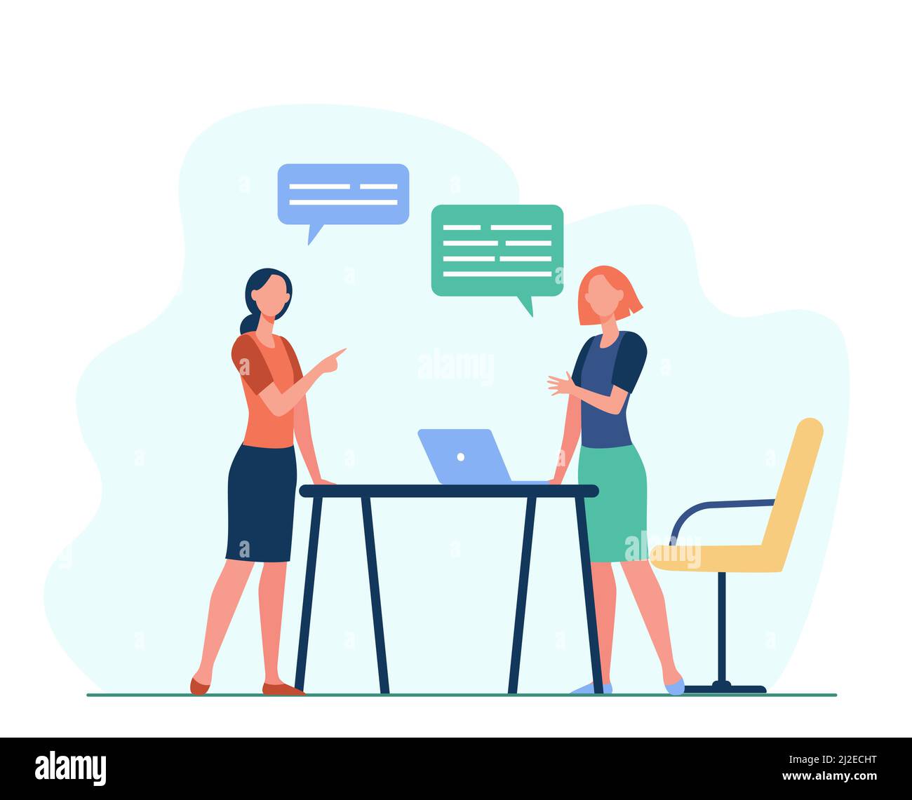 Deux collègues de sexe féminin discutent de travail. Ordinateur portable, équipe, illustration vectorielle plate à bulle vocale. Concept d'affaires et de communication pour bannière, site web de Illustration de Vecteur