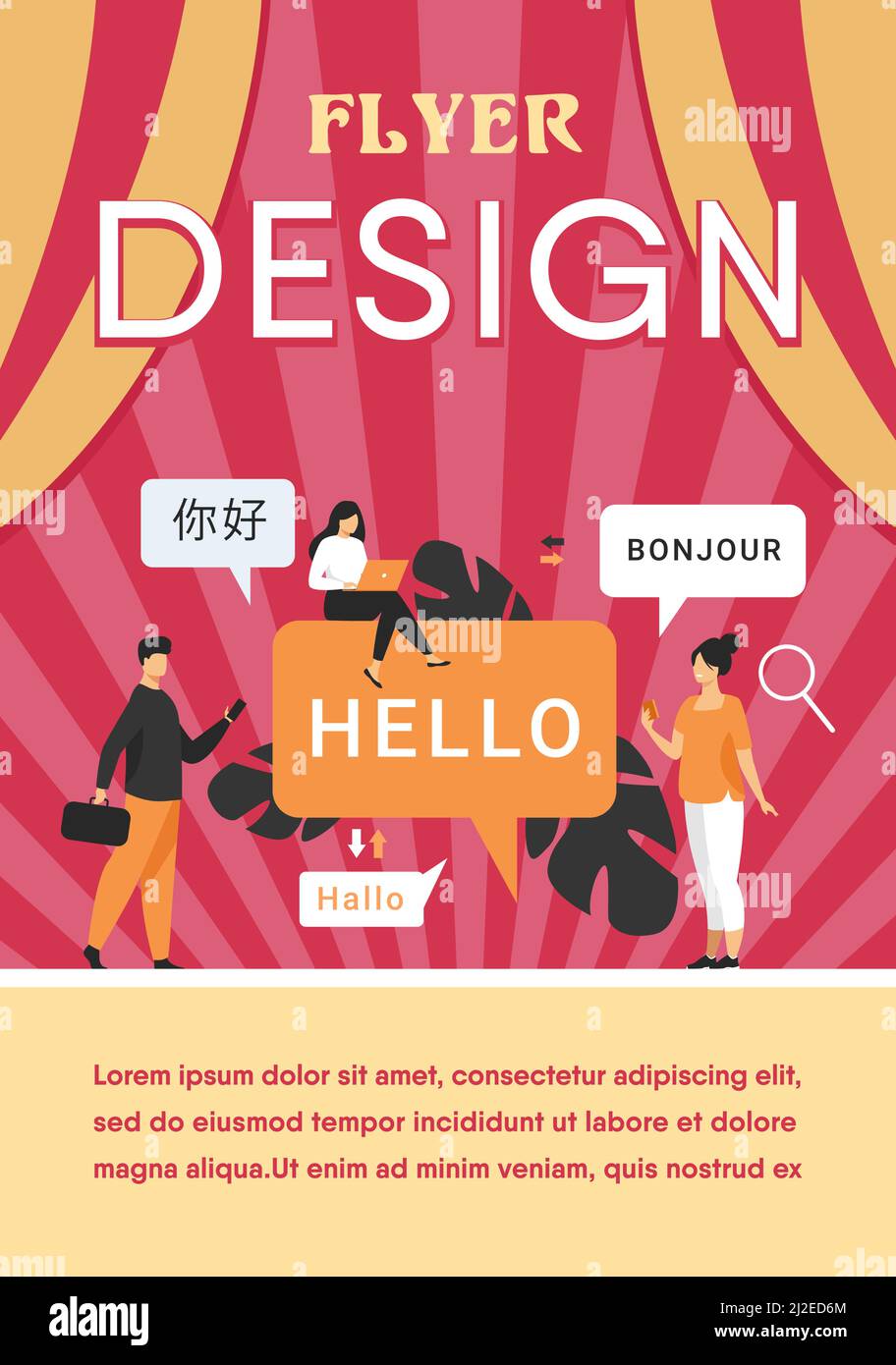 Personnes utilisant l'application de traduction en ligne, traduisant des mots depuis des langues étrangères avec le service mobile. Peut être utilisé pour la communication internationale, les voyages Illustration de Vecteur