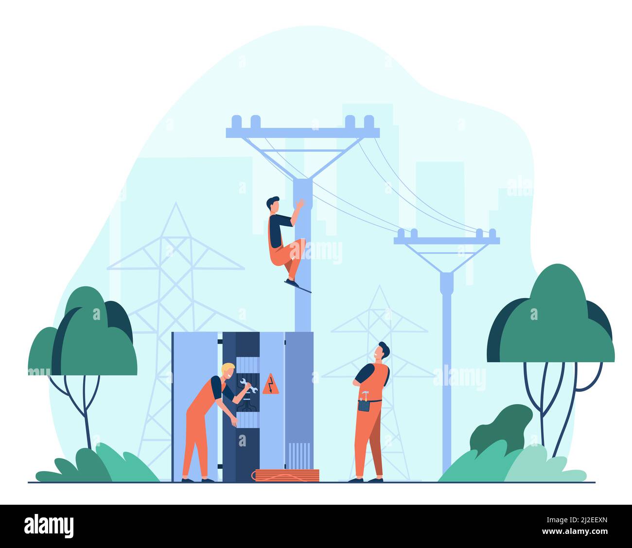 Illustration du vecteur plat du transformateur de l'alternateur par les techniciens. Caricature des travailleurs électriques qui font la ligne de distribution d'électricité. Service d'énergie électrique Illustration de Vecteur