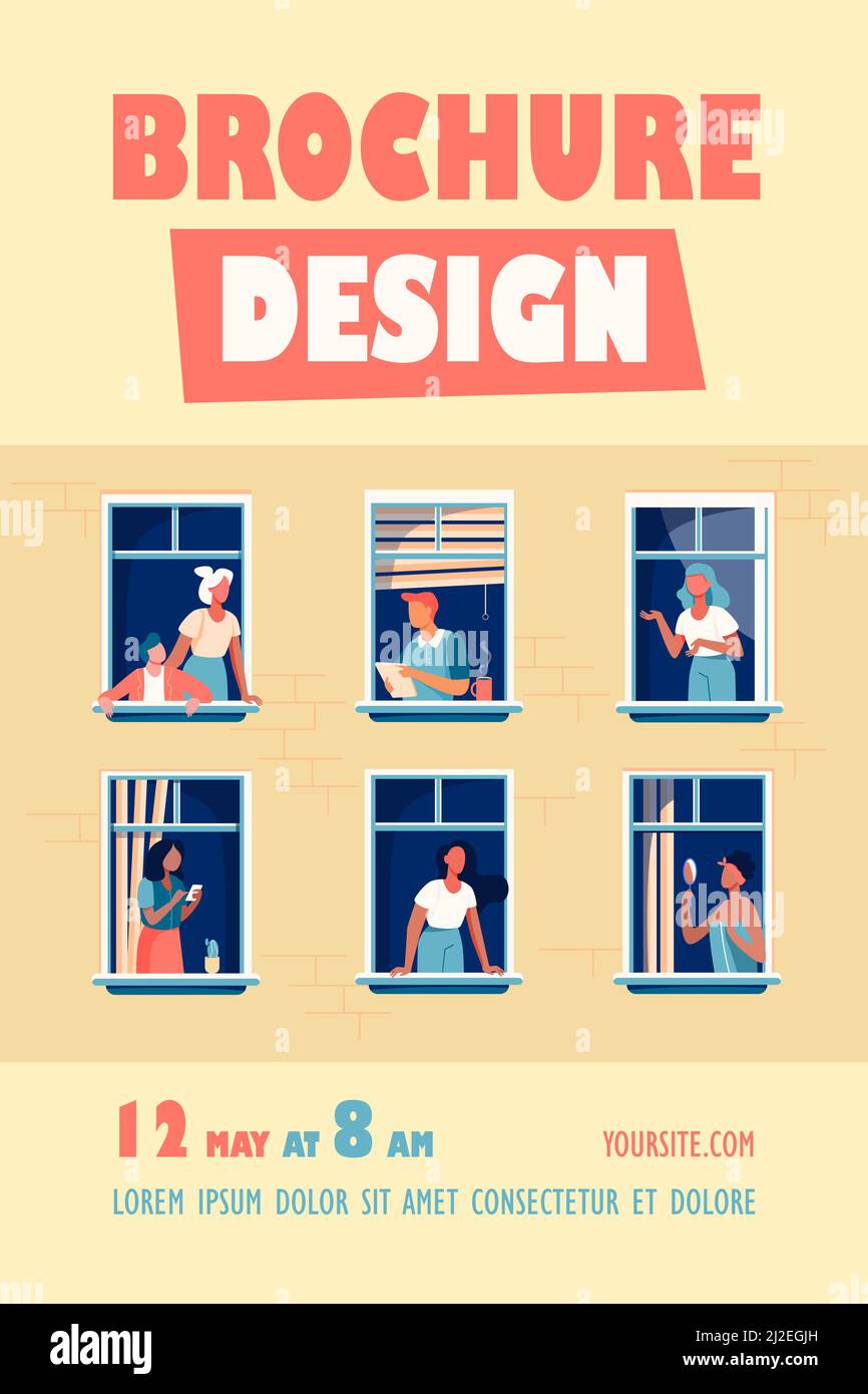 Immeuble d'appartements avec des personnes dans des espaces à fenêtre ouverte. Voisins buvant du café, parlant, en utilisant la cellule. Illustration vectorielle pour bloc de plat, condo, ne Illustration de Vecteur