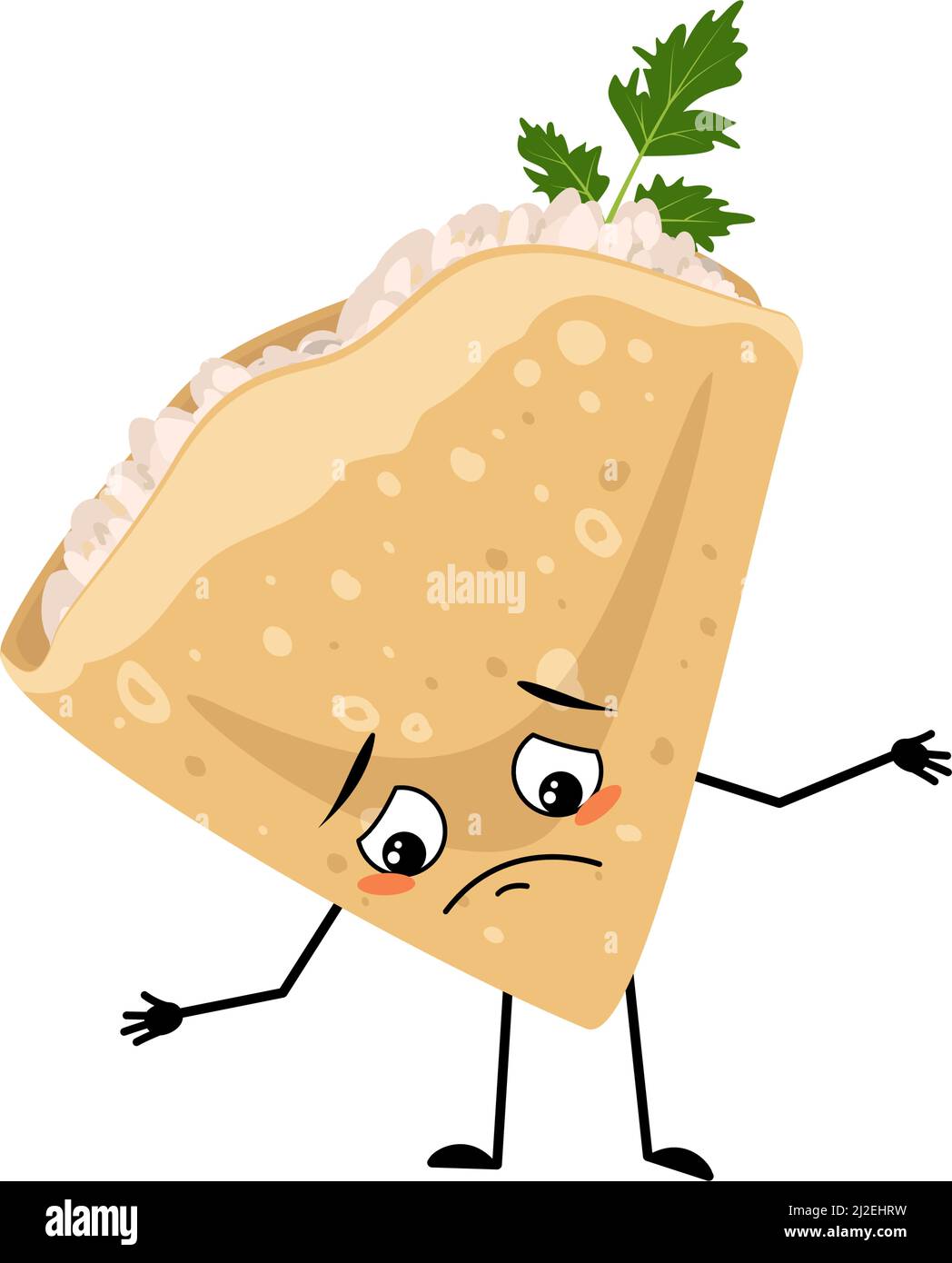 Caractère de crêpe avec fromage cottage et persil avec des émotions tristes, visage déprimé, yeux bas, bras et jambes. Pâtisserie, pâtisserie maison avec expression mélancolique. Illustration vectorielle plate Illustration de Vecteur