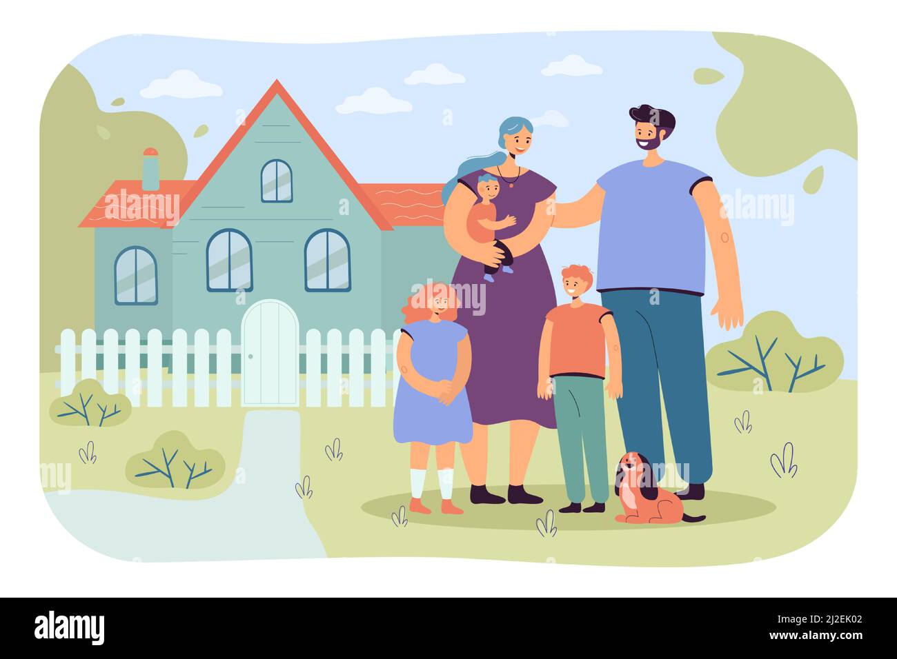 Famille heureuse debout devant la nouvelle maison. Photo de la mère, du père avec les enfants et le chien. Illustration vectorielle de dessin animé pour l'amour, la famille, la maison Illustration de Vecteur
