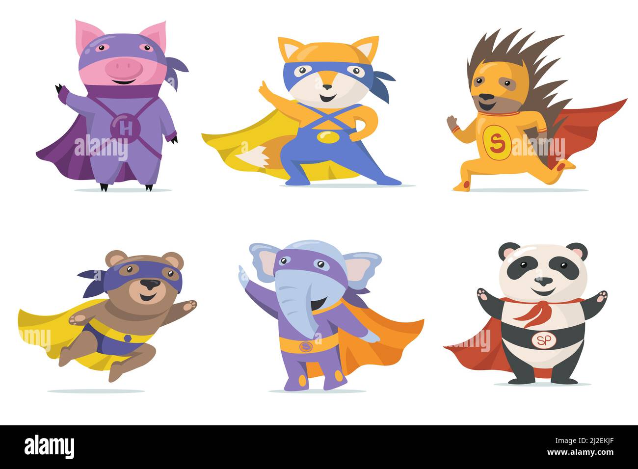 Jeu plat animaux super-héros drôle pour la conception de Web. Collection d'illustrations vectorielles isolées de porcs, de renards, d'ours, d'éléphants, de panda et de hérisson Illustration de Vecteur