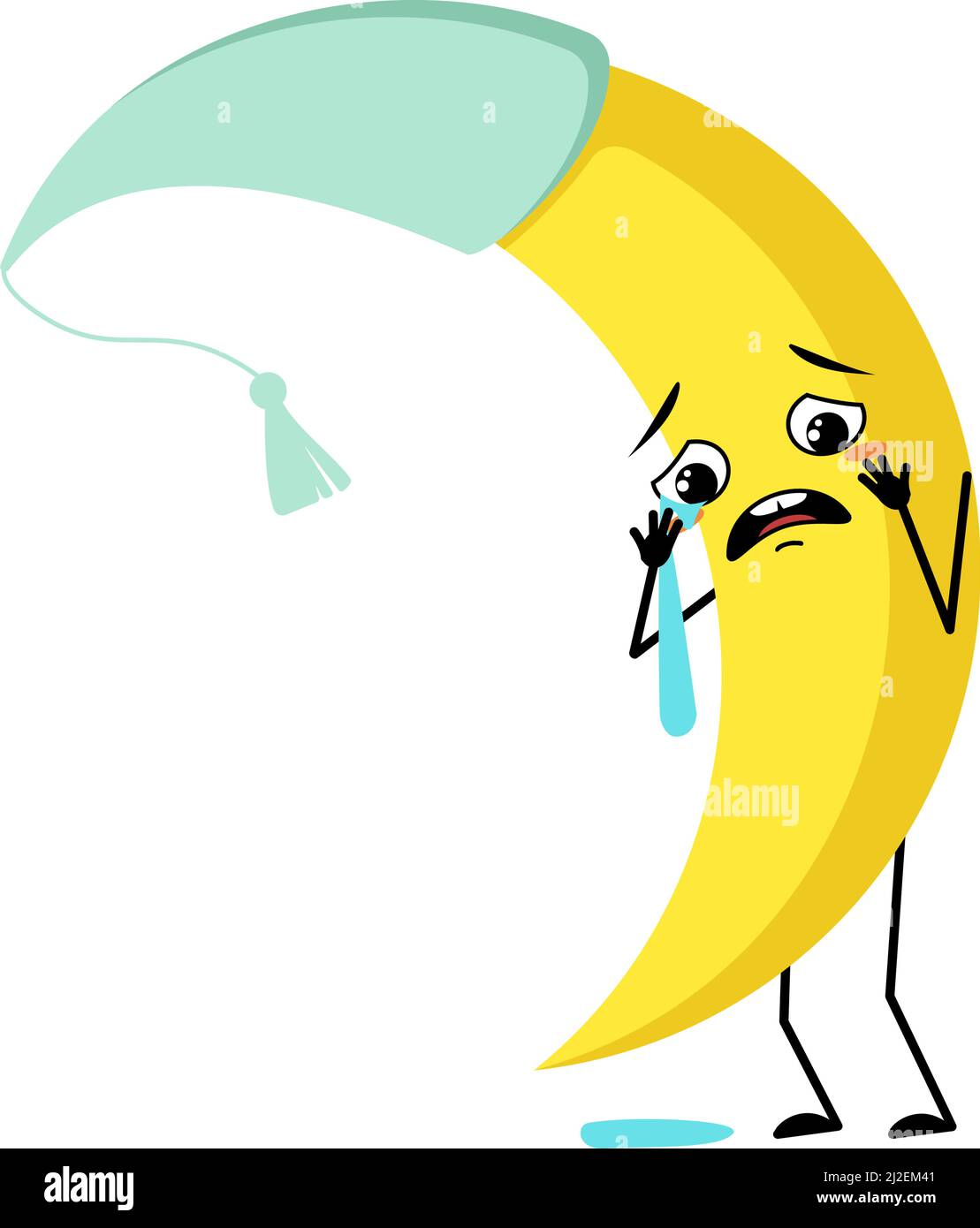 Adorable personnage de lune en chapeau de nuit avec des pleurs et des larmes, des émotions, un visage triste, des yeux dépressifs, des bras et des jambes. Personne avec expression mélancolie et pose. Illustration vectorielle plate Illustration de Vecteur