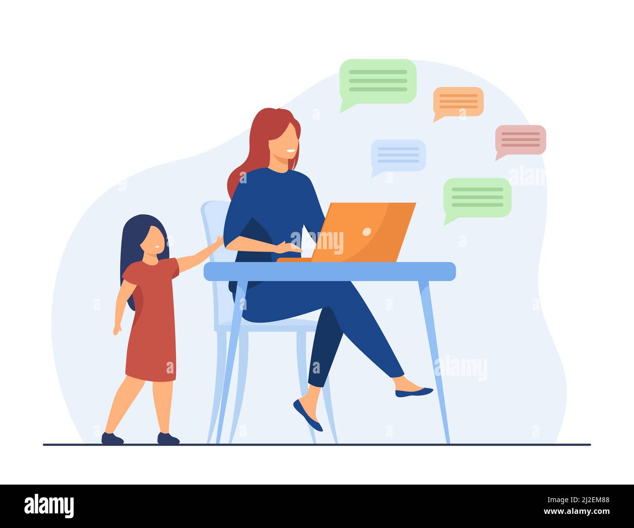 Fille seule debout et maman discutant dans les médias sociaux. Illustration d'un ordinateur portable, d'un enfant ou d'un vecteur plat parent. Technologie numérique et concept de communication pour Illustration de Vecteur