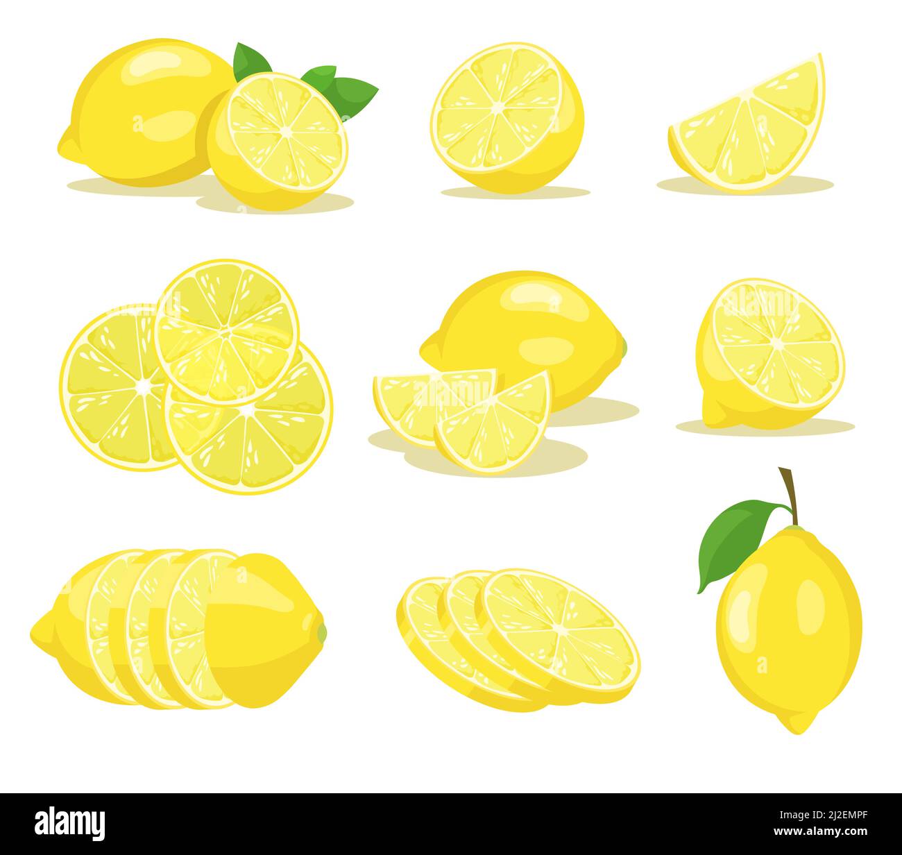 Jeu d'illustrations vectorielles en tranches de citron. Agrumes jaunes avec feuille verte coupée en deux ou coupée en tranches sur fond blanc. Santé, nourriture, fruits, limonade ou Illustration de Vecteur
