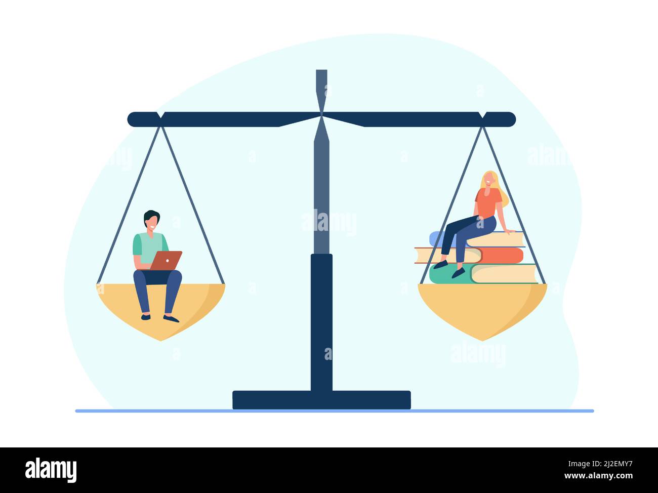 Comparaison des formations en ligne et hors ligne. Étudiants disposant d'un ordinateur portable ou d'une pile de livres sur balance. Illustration vectorielle plate. Concept d'éducation pour banne Illustration de Vecteur